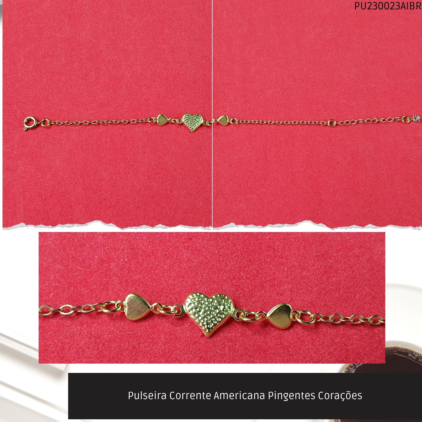 Pulseira Corrente Americana Pingentes Corações  - Código.: PU230023AIBR  - Peso.: 1.2 gr