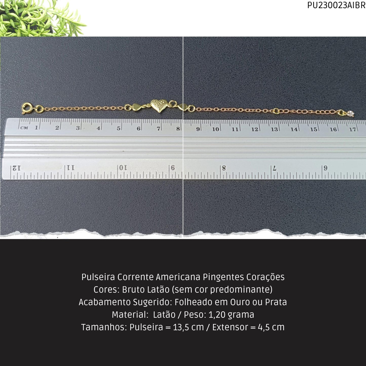 Pulseira Corrente Americana Pingentes Corações  - Código.: PU230023AIBR  - Peso.: 1.2 gr