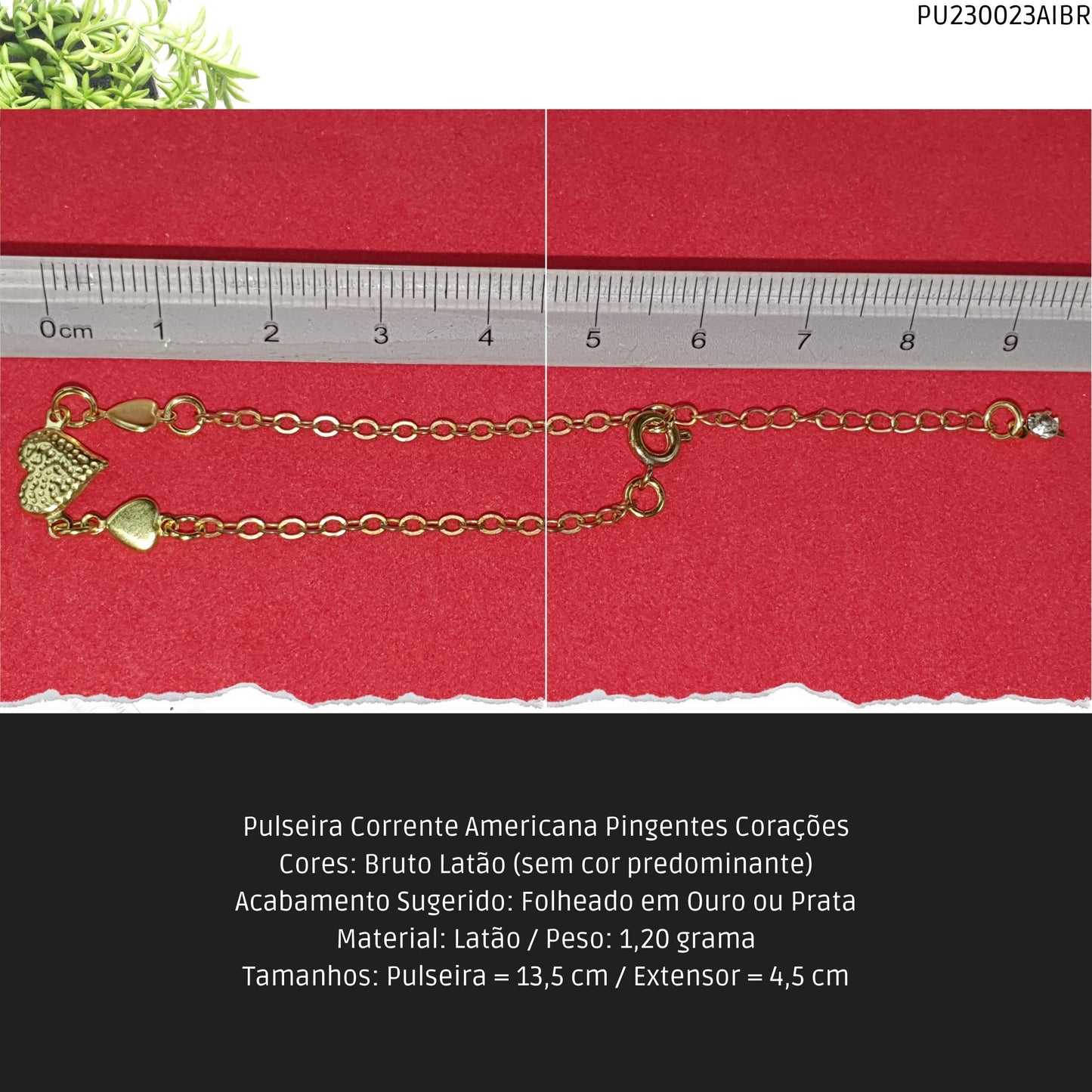 Pulseira Corrente Americana Pingentes Corações  - Código.: PU230023AIBR  - Peso.: 1.2 gr
