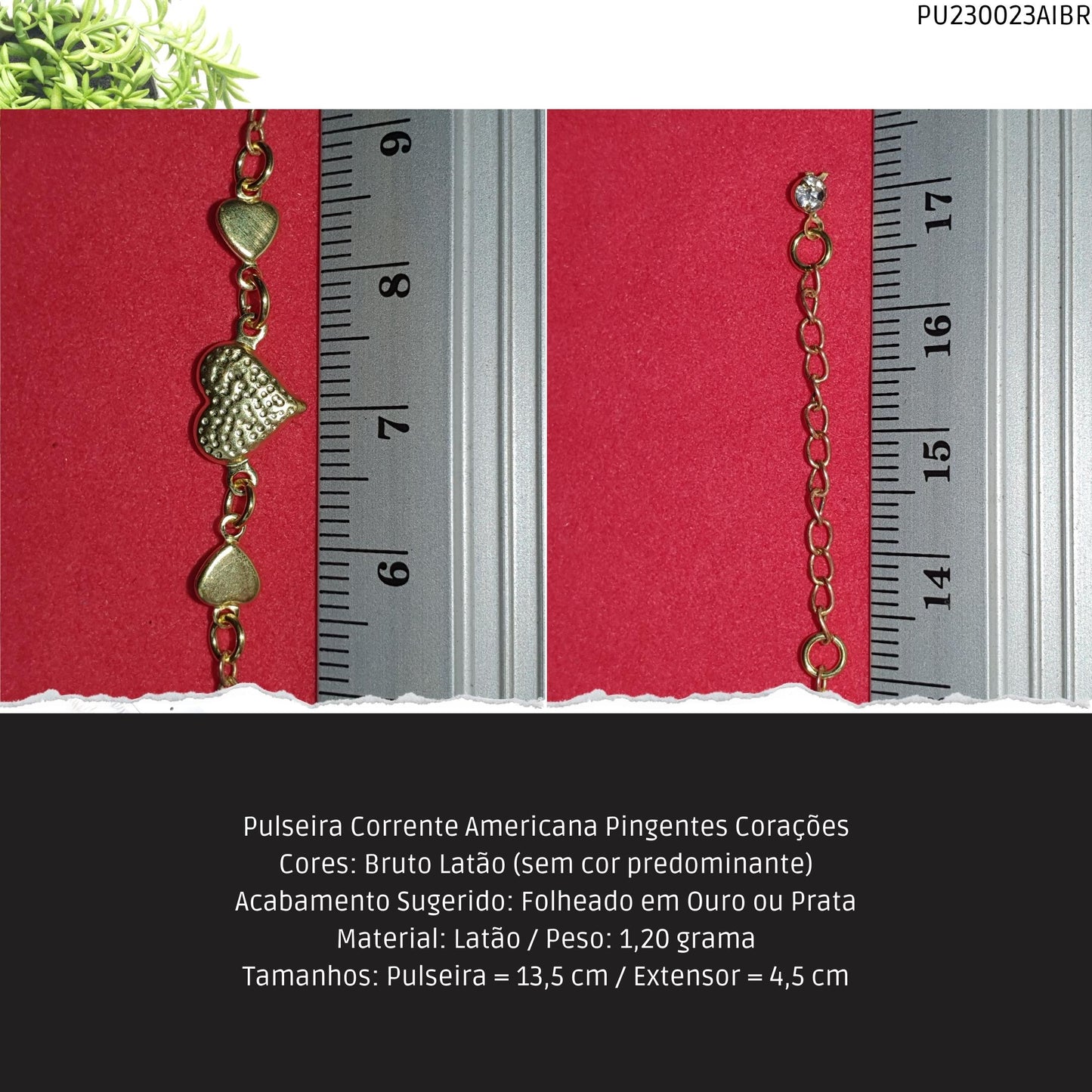 Pulseira Corrente Americana Pingentes Corações  - Código.: PU230023AIBR  - Peso.: 1.2 gr