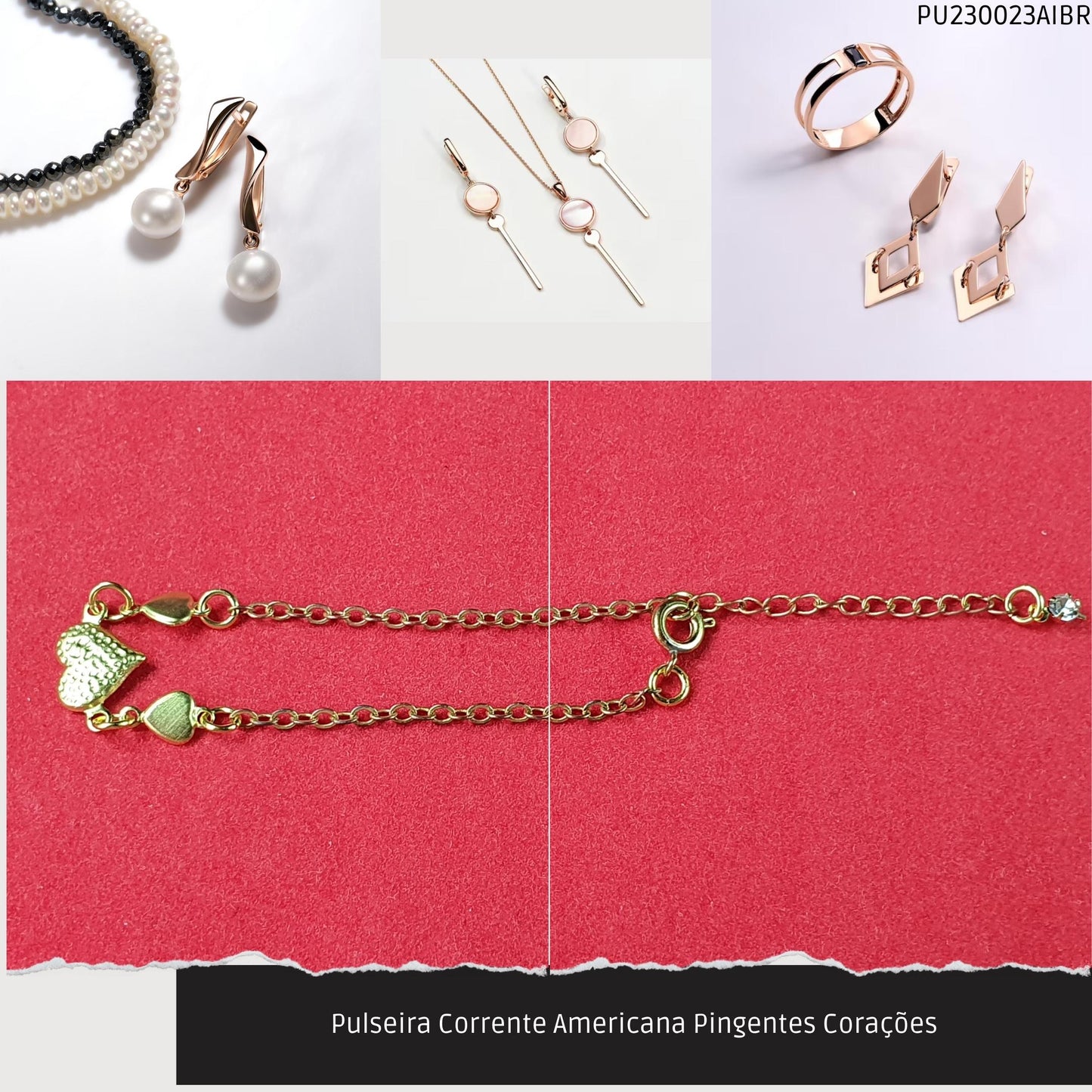 Pulseira Corrente Americana Pingentes Corações  - Código.: PU230023AIBR  - Peso.: 1.2 gr
