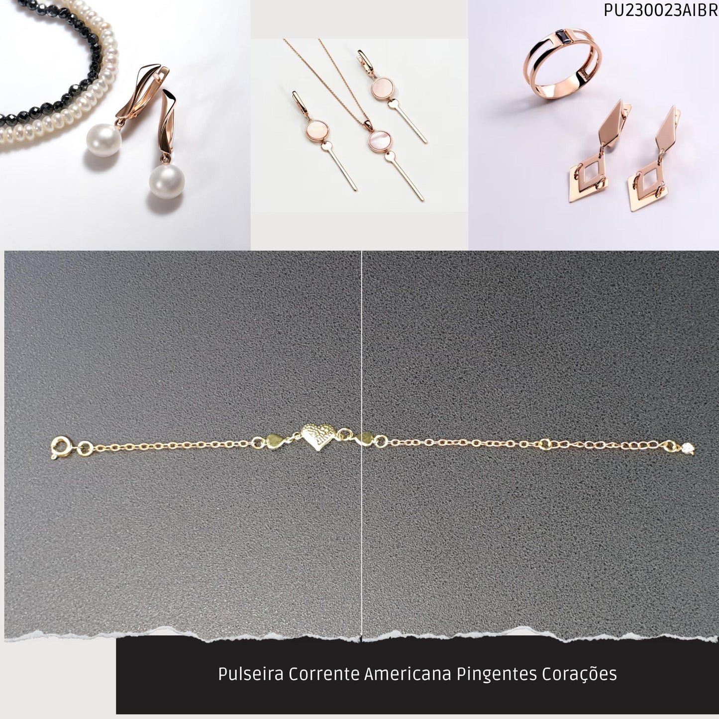 Pulseira Corrente Americana Pingentes Corações  - Código.: PU230023AIBR  - Peso.: 1.2 gr