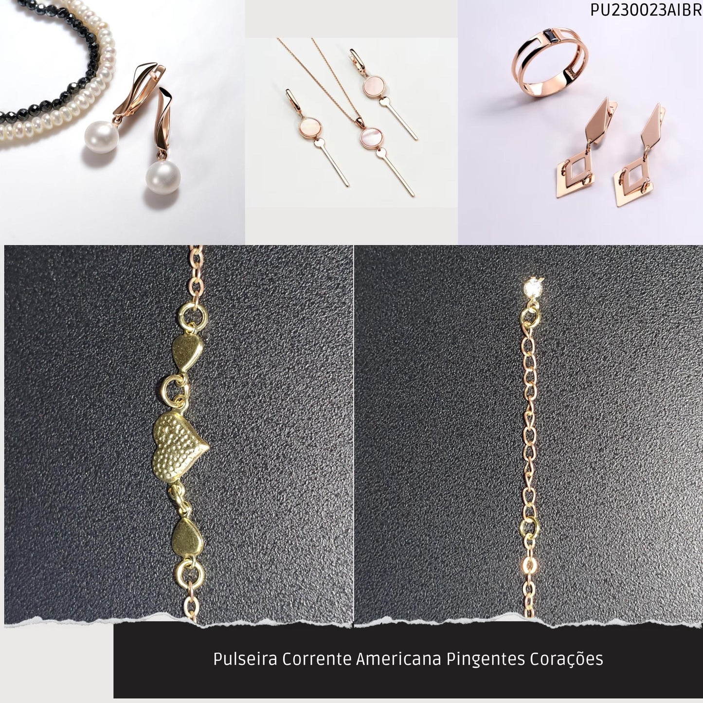 Pulseira Corrente Americana Pingentes Corações  - Código.: PU230023AIBR  - Peso.: 1.2 gr