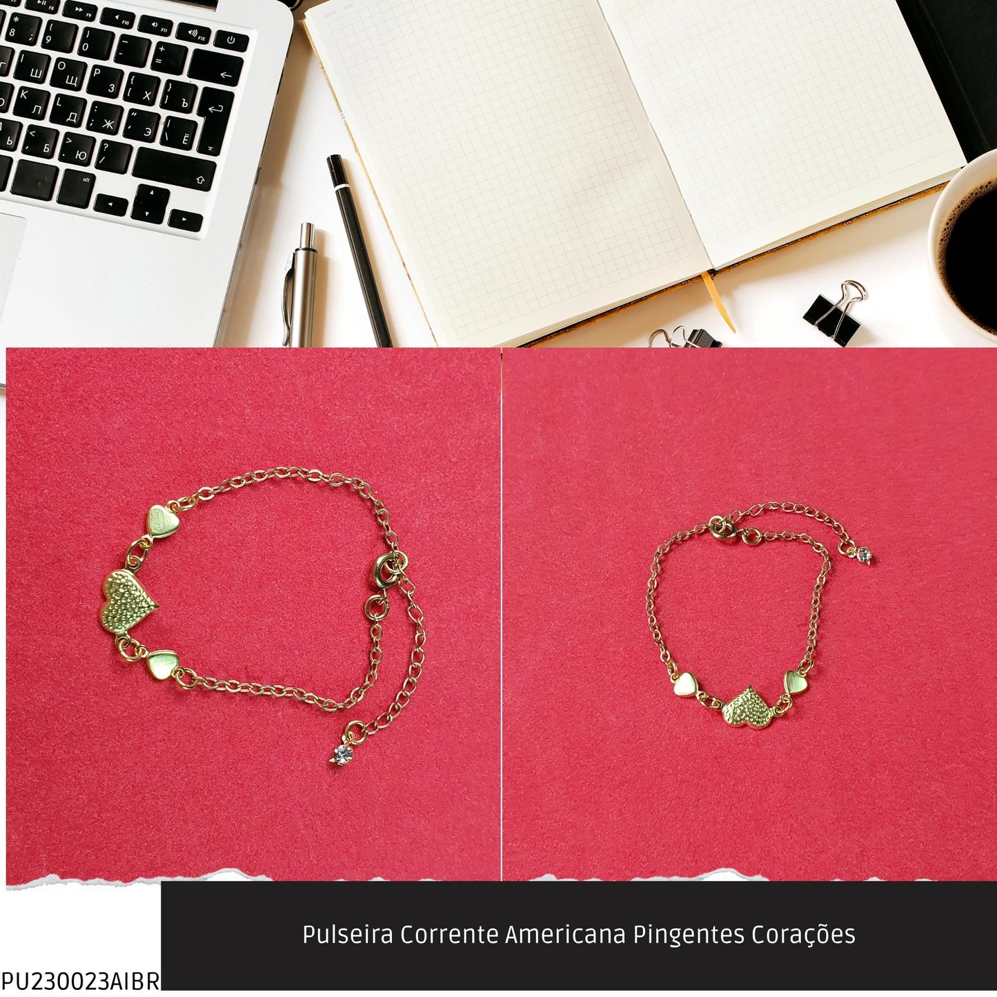 Pulseira Corrente Americana Pingentes Corações  - Código.: PU230023AIBR  - Peso.: 1.2 gr