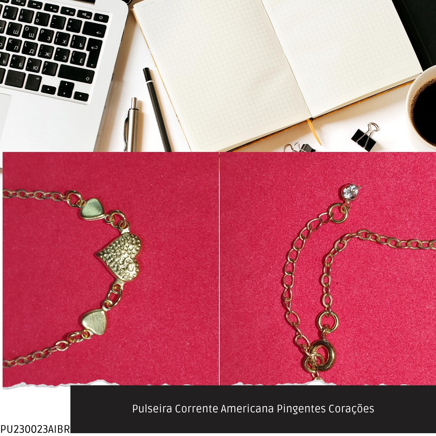 Pulseira Corrente Americana Pingentes Corações  - Código.: PU230023AIBR  - Peso.: 1.2 gr