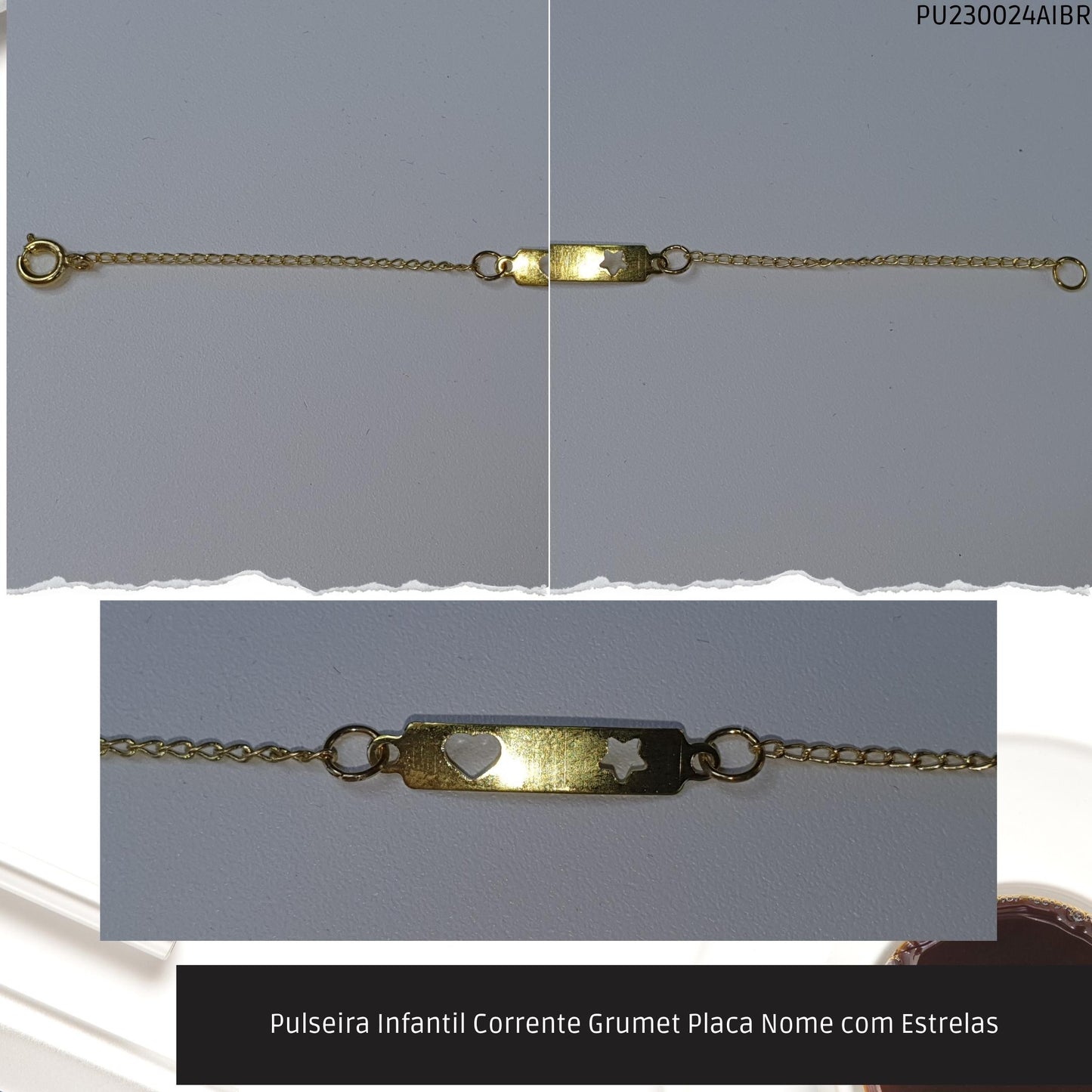 Pulseira Infantil Corrente Grumet Placa Nome com Estrelas  - Código.: PU230024AIBR  - Peso.: 1.0 gr
