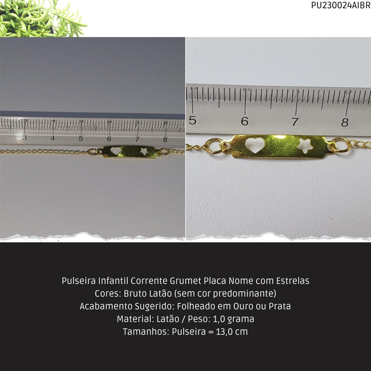 Pulseira Infantil Corrente Grumet Placa Nome com Estrelas  - Código.: PU230024AIBR  - Peso.: 1.0 gr