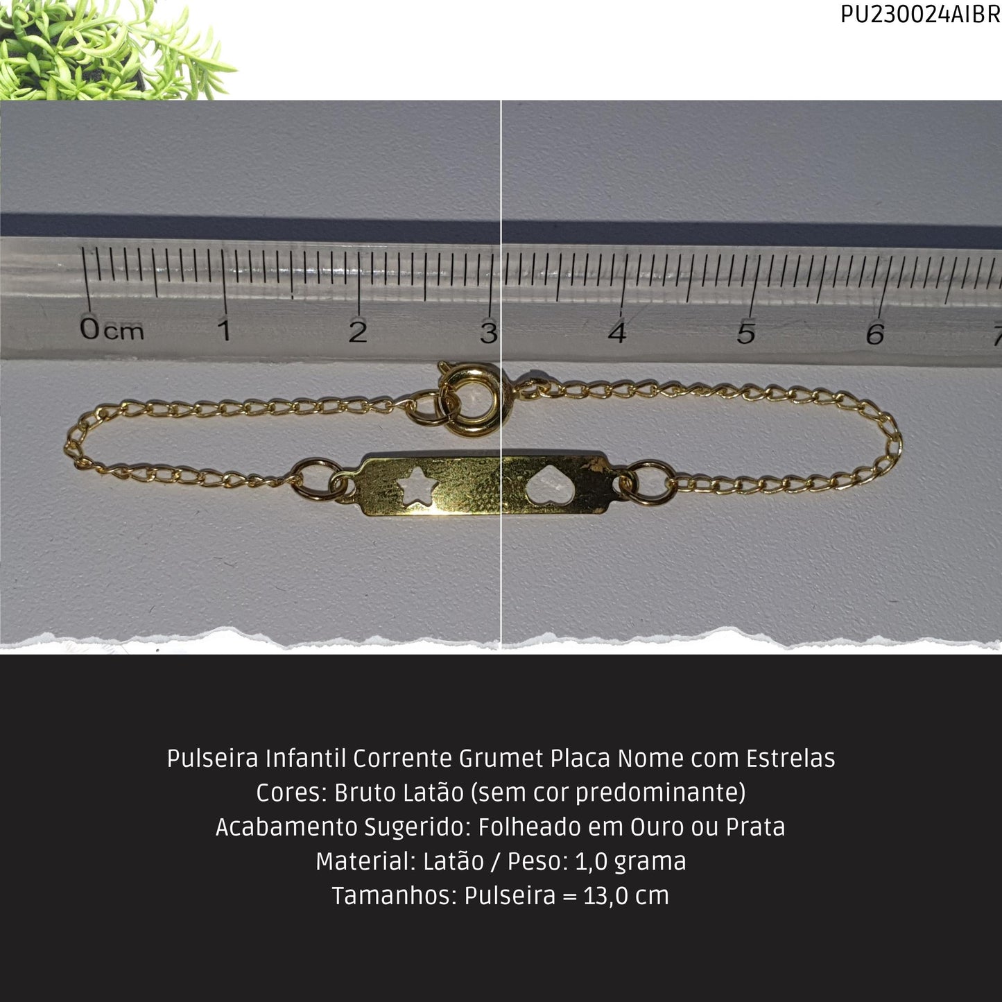 Pulseira Infantil Corrente Grumet Placa Nome com Estrelas  - Código.: PU230024AIBR  - Peso.: 1.0 gr