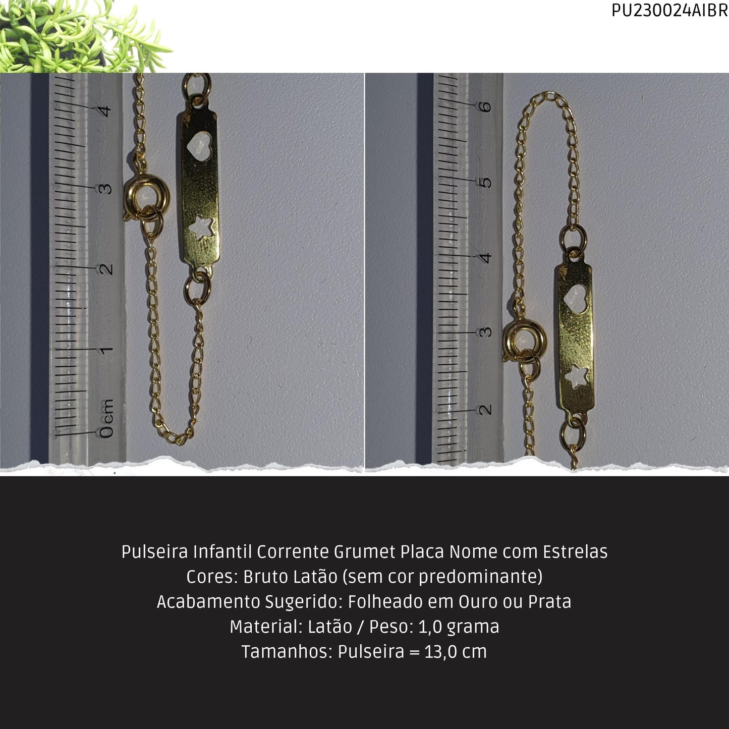 Pulseira Infantil Corrente Grumet Placa Nome com Estrelas  - Código.: PU230024AIBR  - Peso.: 1.0 gr