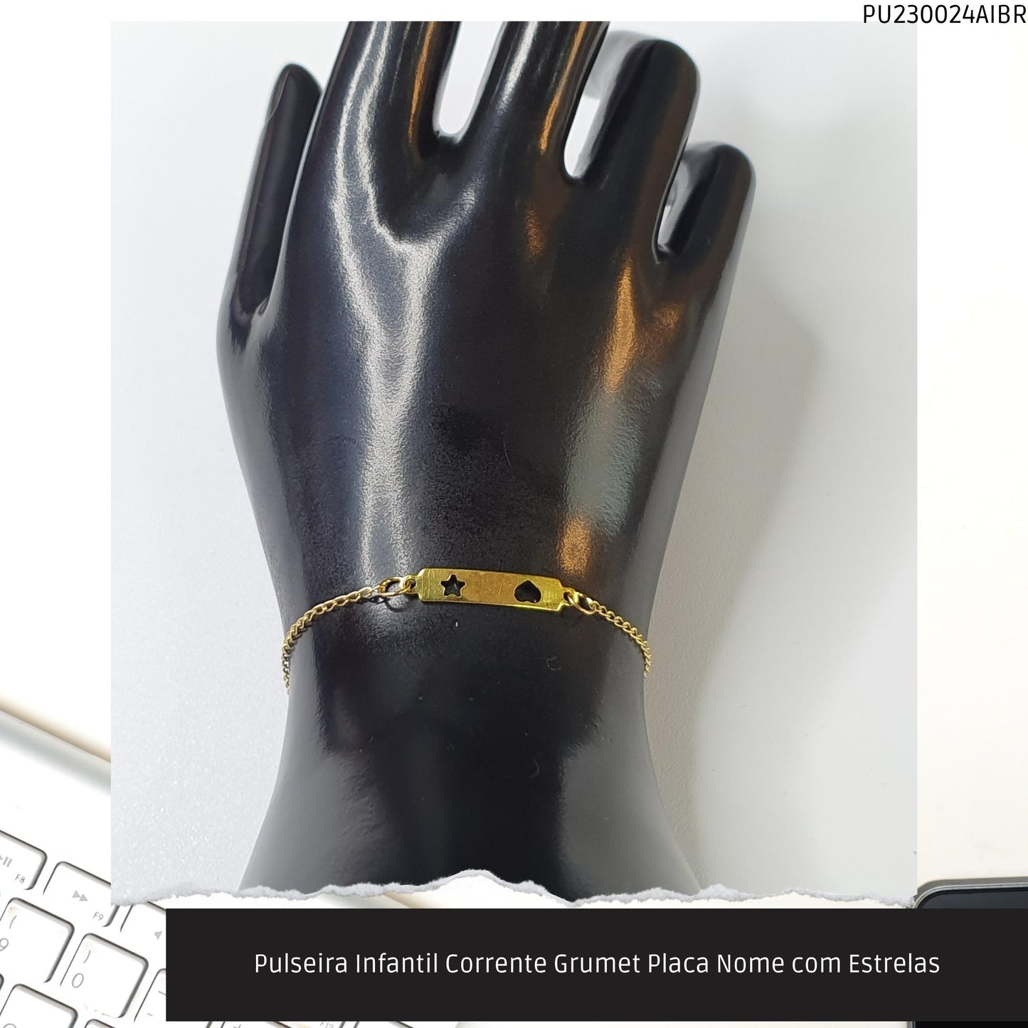 Pulseira Infantil Corrente Grumet Placa Nome com Estrelas  - Código.: PU230024AIBR  - Peso.: 1.0 gr