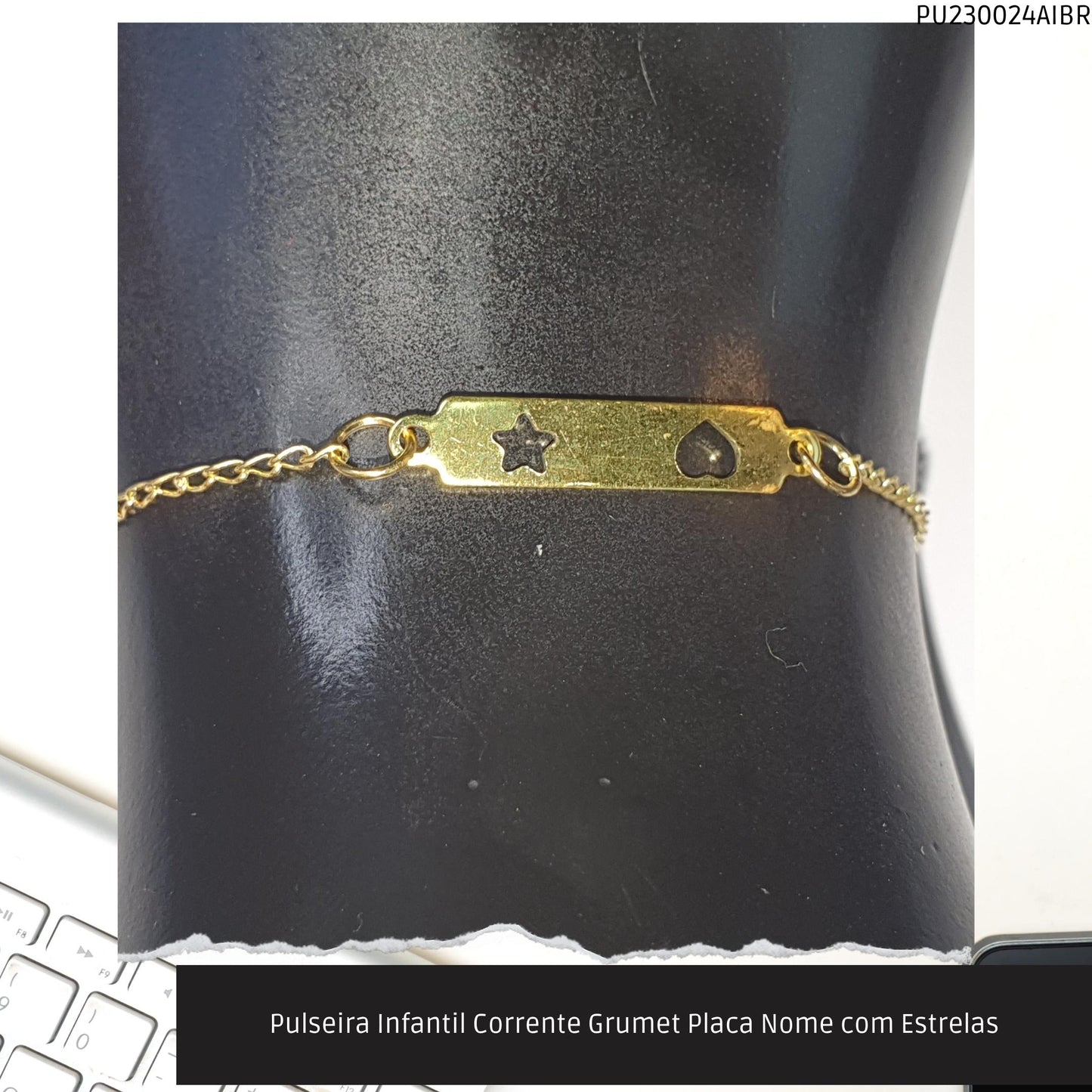 Pulseira Infantil Corrente Grumet Placa Nome com Estrelas  - Código.: PU230024AIBR  - Peso.: 1.0 gr