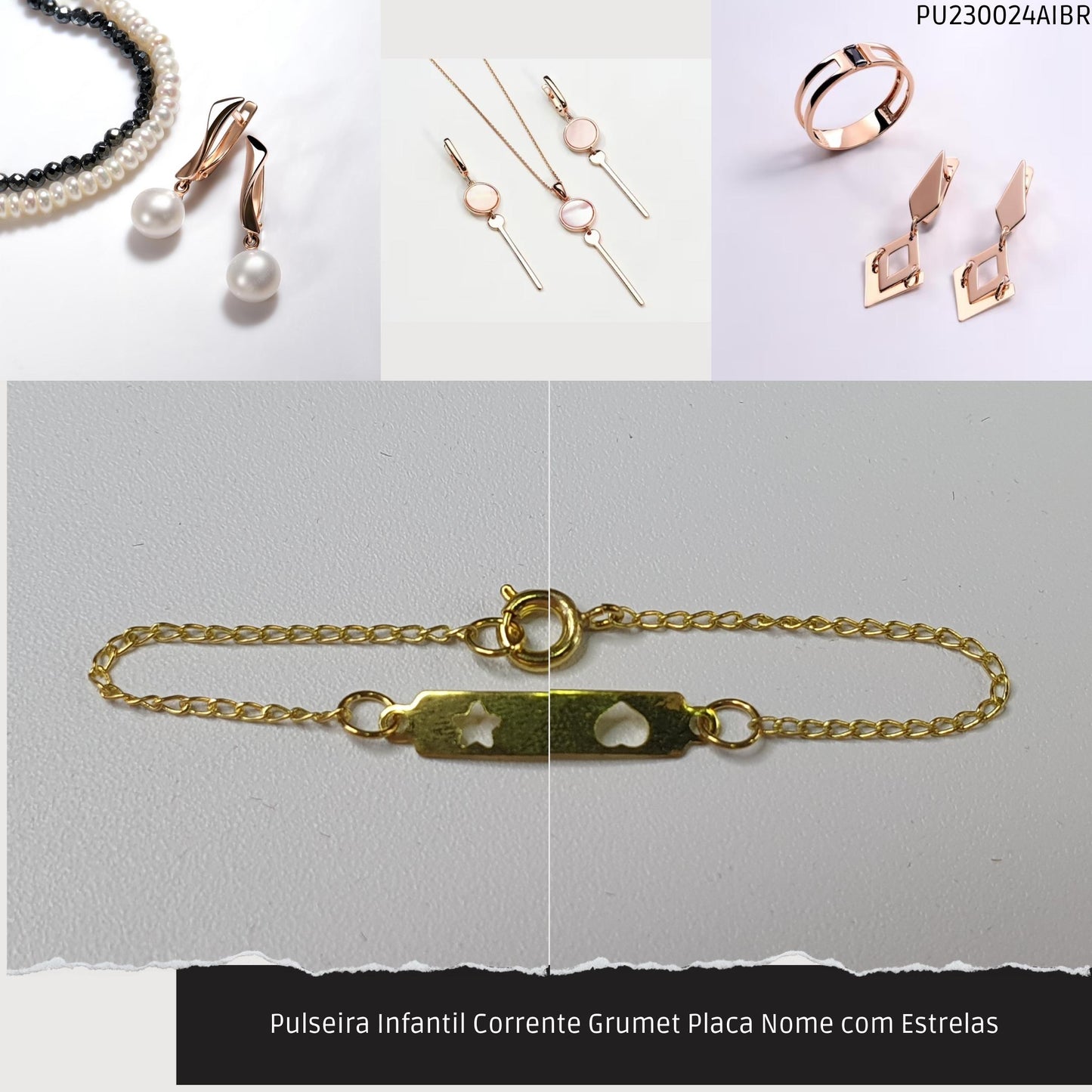 Pulseira Infantil Corrente Grumet Placa Nome com Estrelas  - Código.: PU230024AIBR  - Peso.: 1.0 gr
