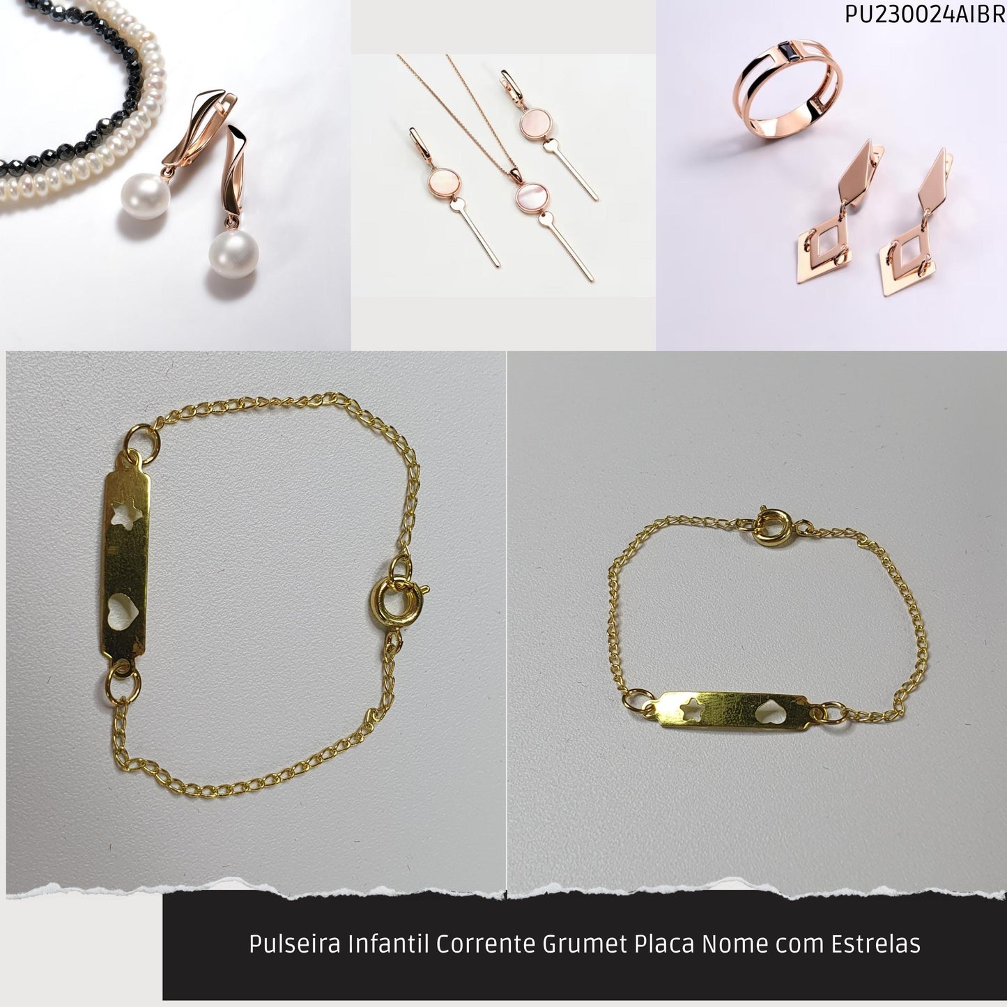 Pulseira Infantil Corrente Grumet Placa Nome com Estrelas  - Código.: PU230024AIBR  - Peso.: 1.0 gr