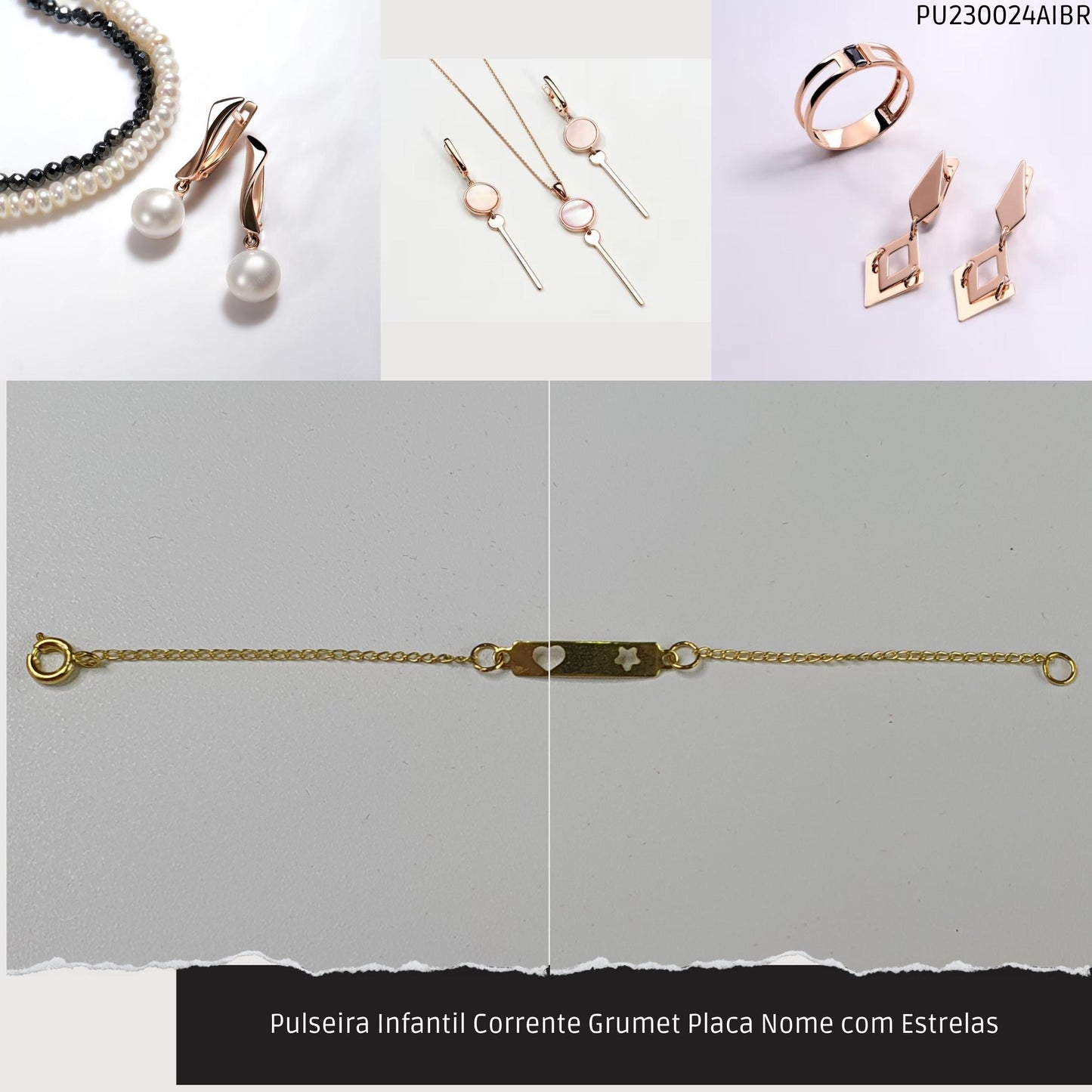 Pulseira Infantil Corrente Grumet Placa Nome com Estrelas  - Código.: PU230024AIBR  - Peso.: 1.0 gr