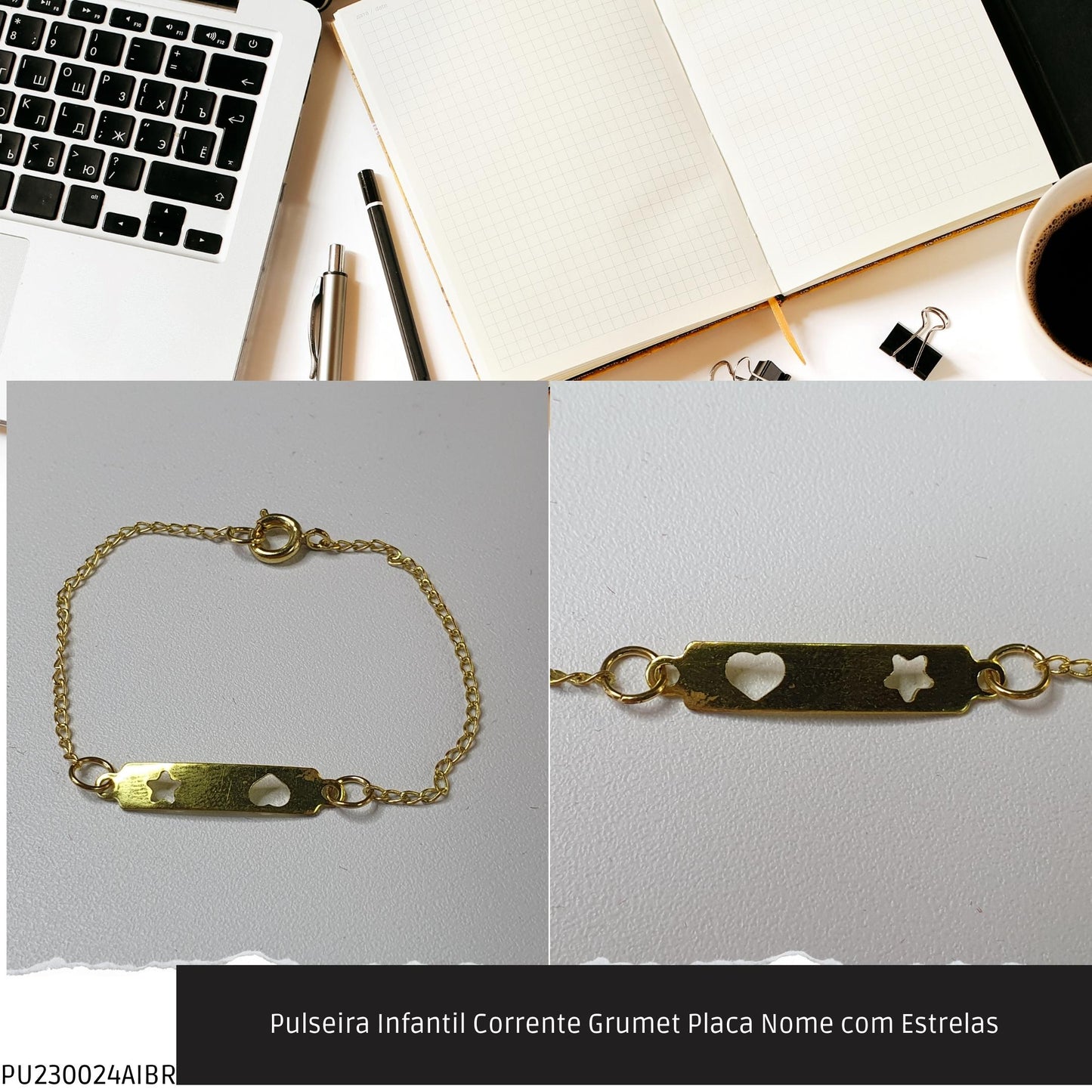Pulseira Infantil Corrente Grumet Placa Nome com Estrelas  - Código.: PU230024AIBR  - Peso.: 1.0 gr