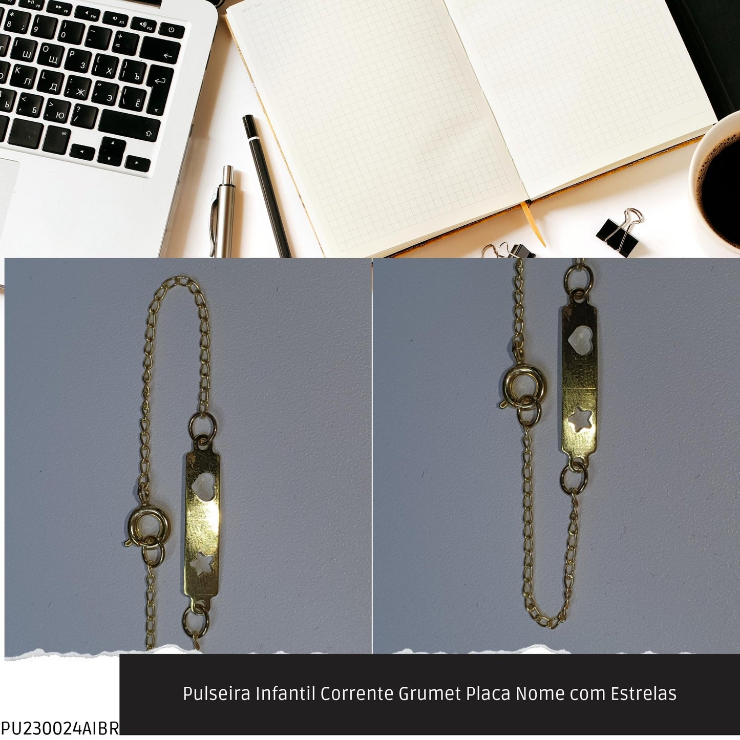 Pulseira Infantil Corrente Grumet Placa Nome com Estrelas  - Código.: PU230024AIBR  - Peso.: 1.0 gr