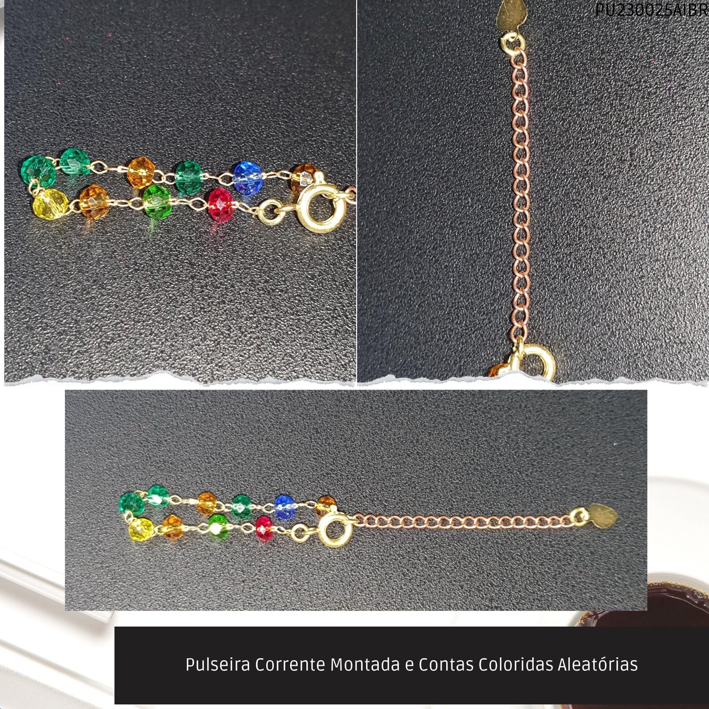Pulseira Corrente Montada e Contas Coloridas Aleatórias  - Código.: PU230025AIBR  - Peso.: 1.4 gr