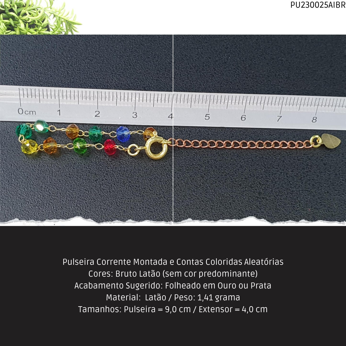 Pulseira Corrente Montada e Contas Coloridas Aleatórias  - Código.: PU230025AIBR  - Peso.: 1.4 gr