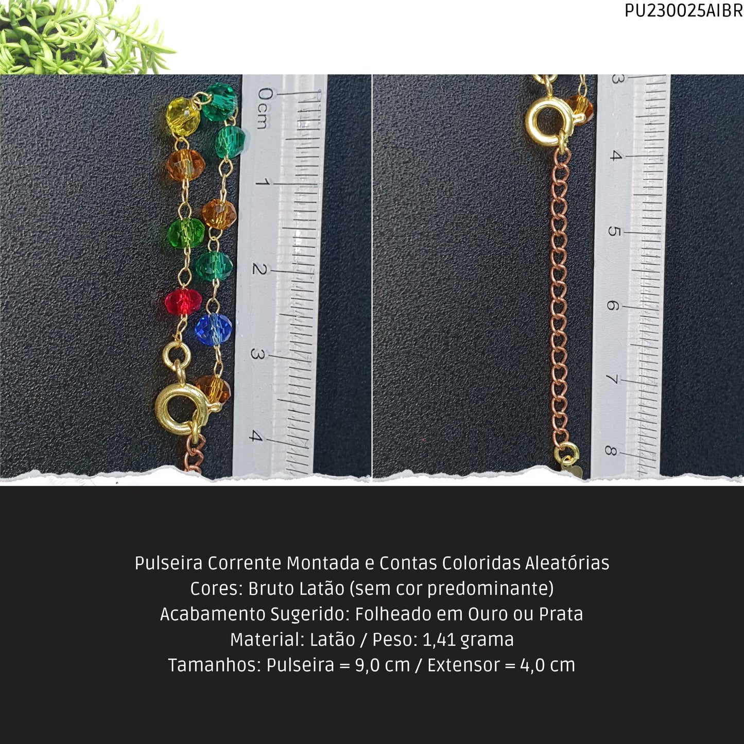 Pulseira Corrente Montada e Contas Coloridas Aleatórias  - Código.: PU230025AIBR  - Peso.: 1.4 gr