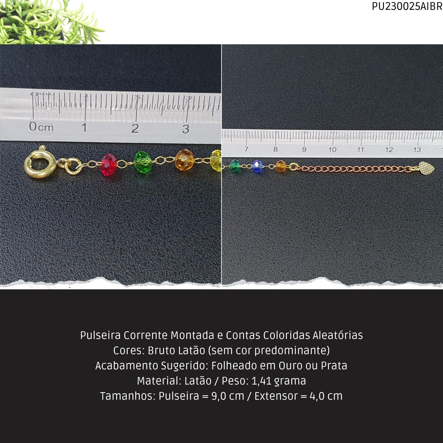 Pulseira Corrente Montada e Contas Coloridas Aleatórias  - Código.: PU230025AIBR  - Peso.: 1.4 gr
