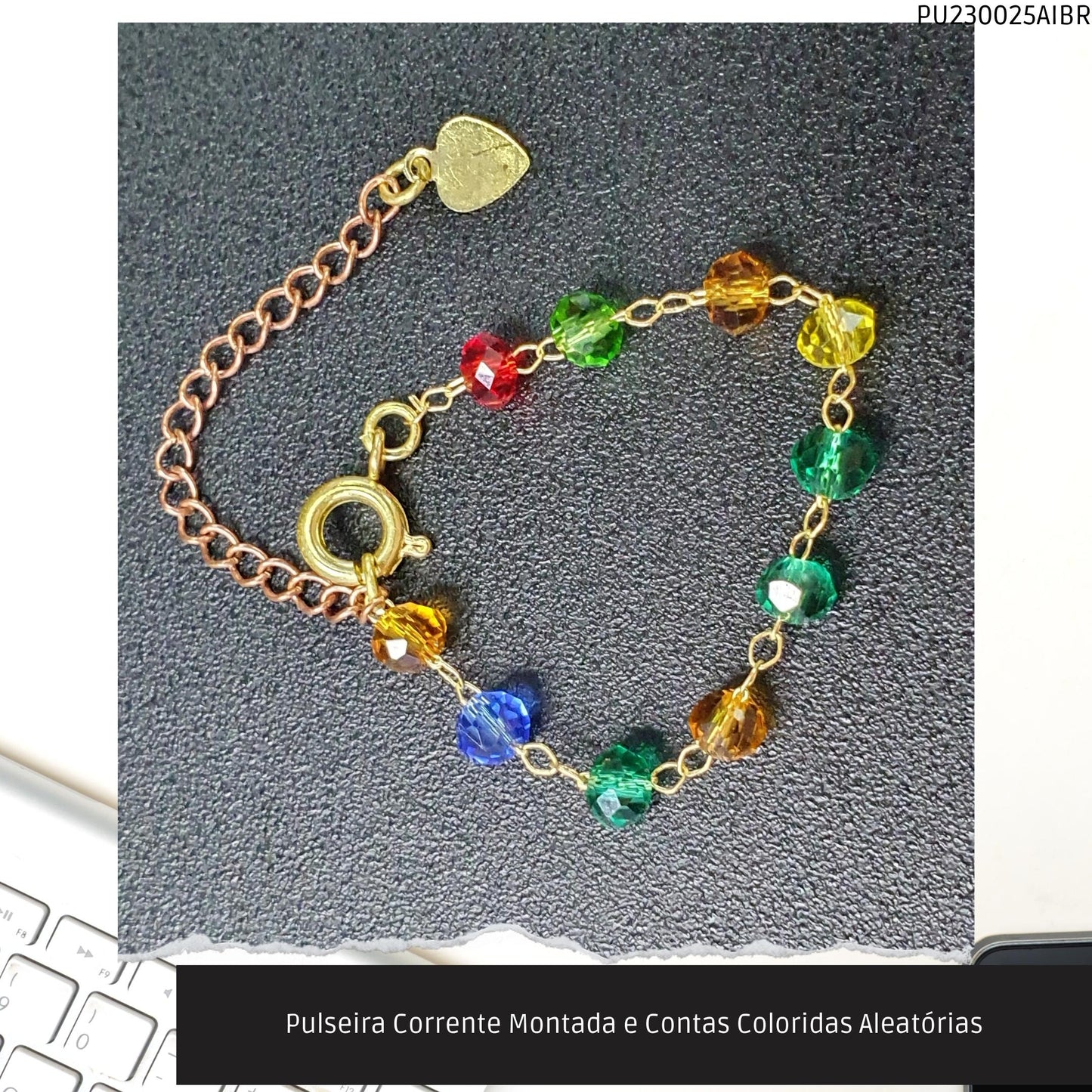 Pulseira Corrente Montada e Contas Coloridas Aleatórias  - Código.: PU230025AIBR  - Peso.: 1.4 gr