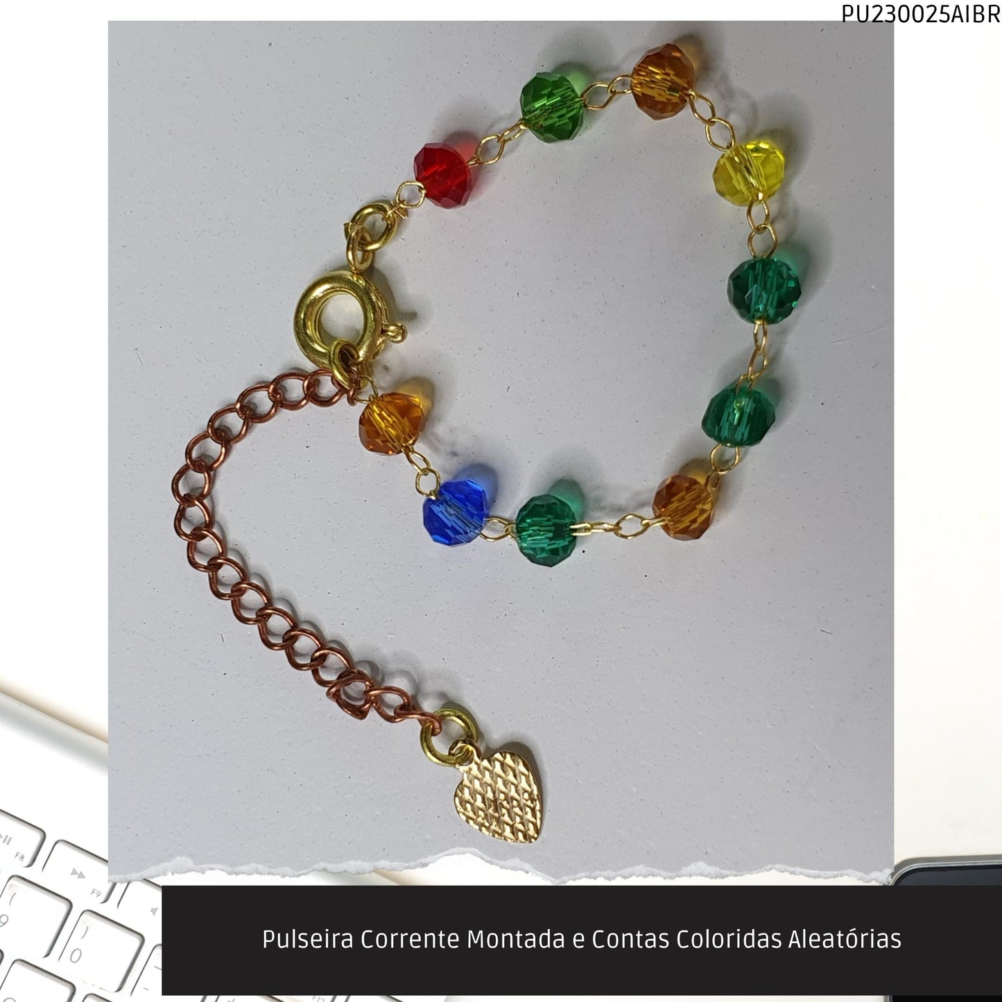 Pulseira Corrente Montada e Contas Coloridas Aleatórias  - Código.: PU230025AIBR  - Peso.: 1.4 gr