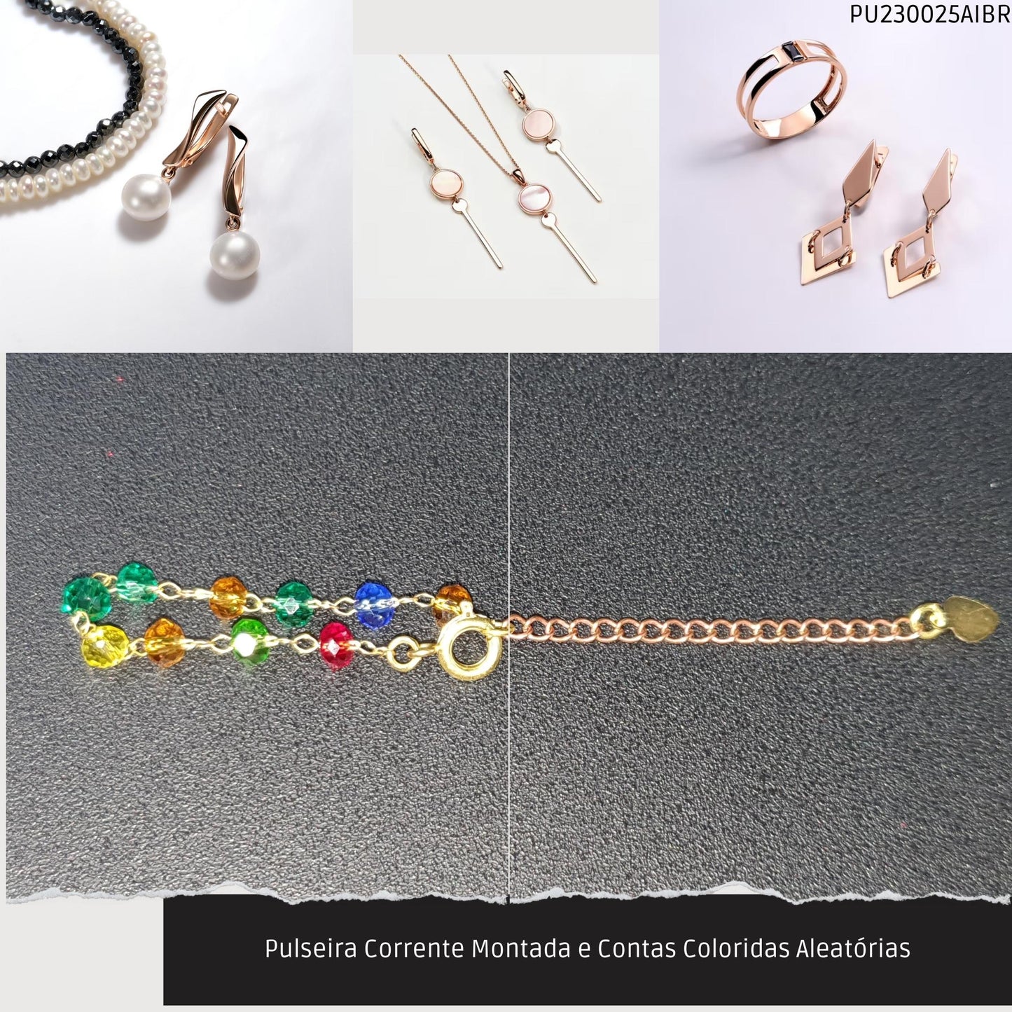 Pulseira Corrente Montada e Contas Coloridas Aleatórias  - Código.: PU230025AIBR  - Peso.: 1.4 gr