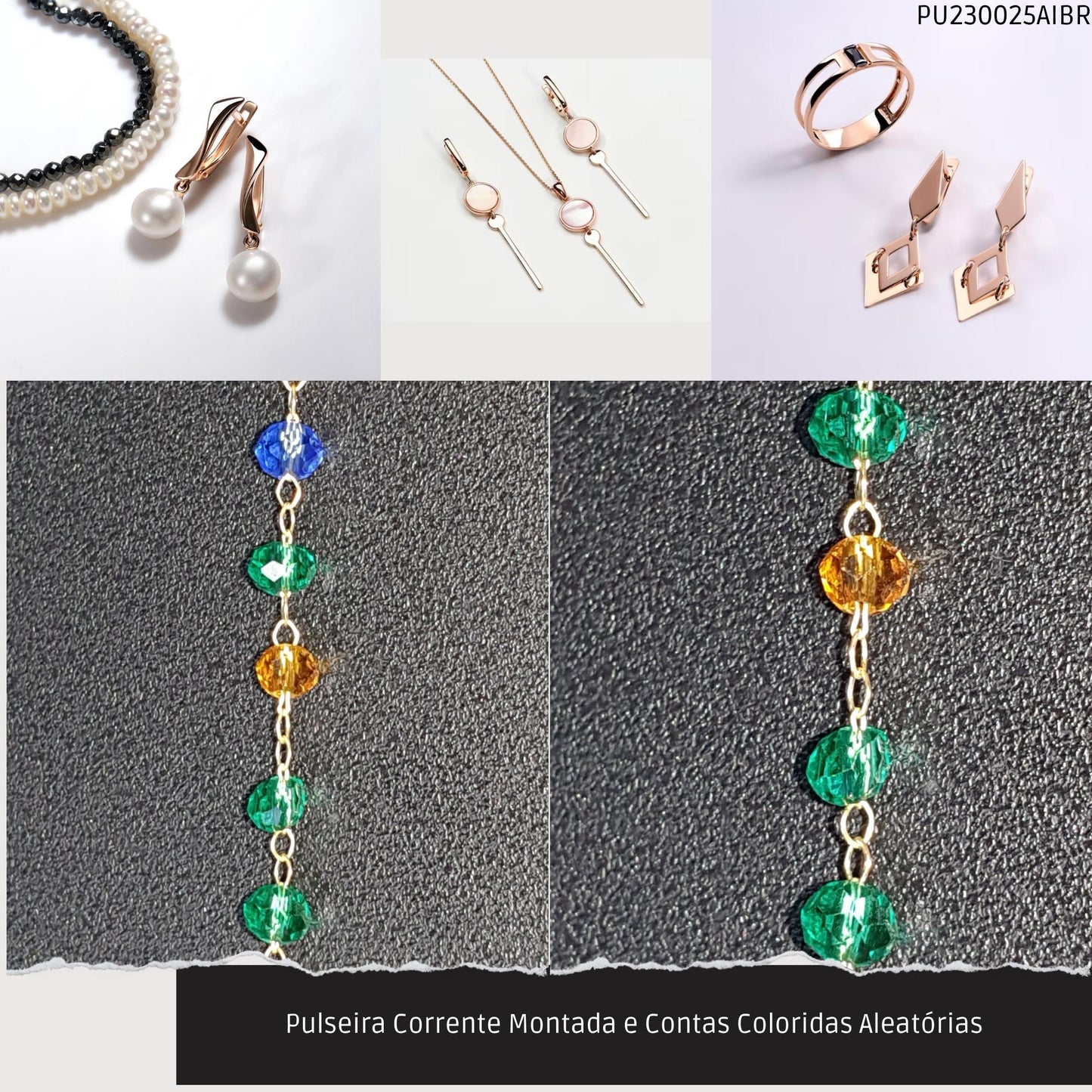Pulseira Corrente Montada e Contas Coloridas Aleatórias  - Código.: PU230025AIBR  - Peso.: 1.4 gr