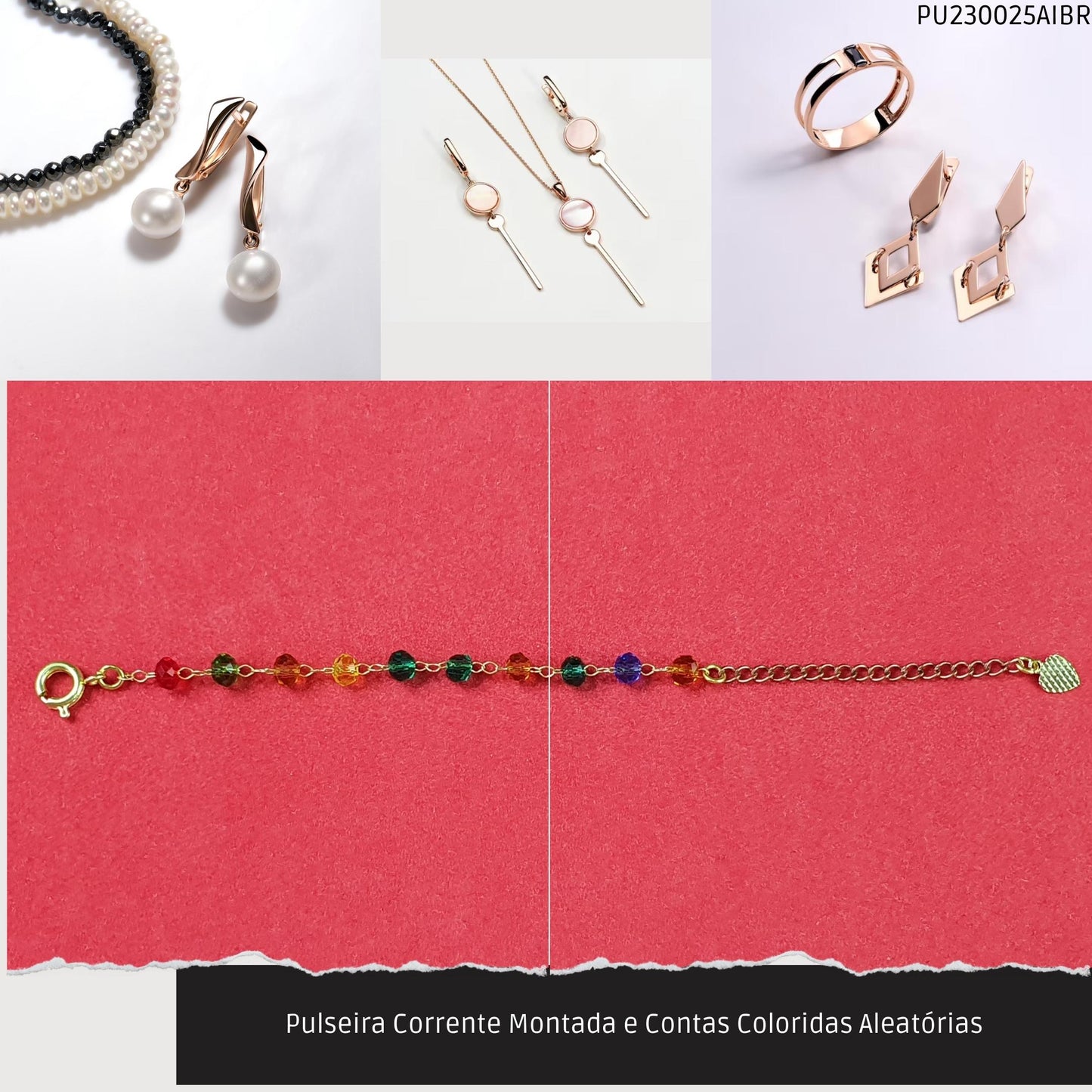 Pulseira Corrente Montada e Contas Coloridas Aleatórias  - Código.: PU230025AIBR  - Peso.: 1.4 gr