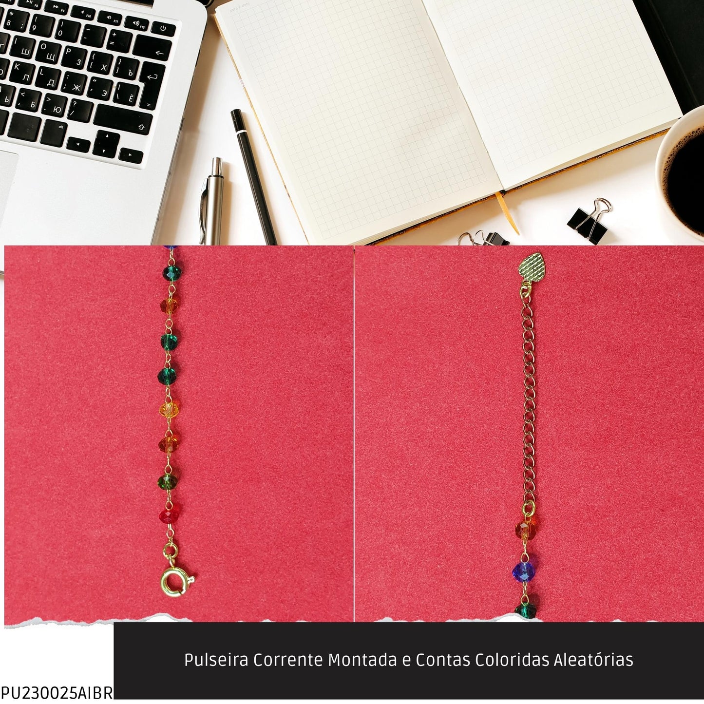 Pulseira Corrente Montada e Contas Coloridas Aleatórias  - Código.: PU230025AIBR  - Peso.: 1.4 gr