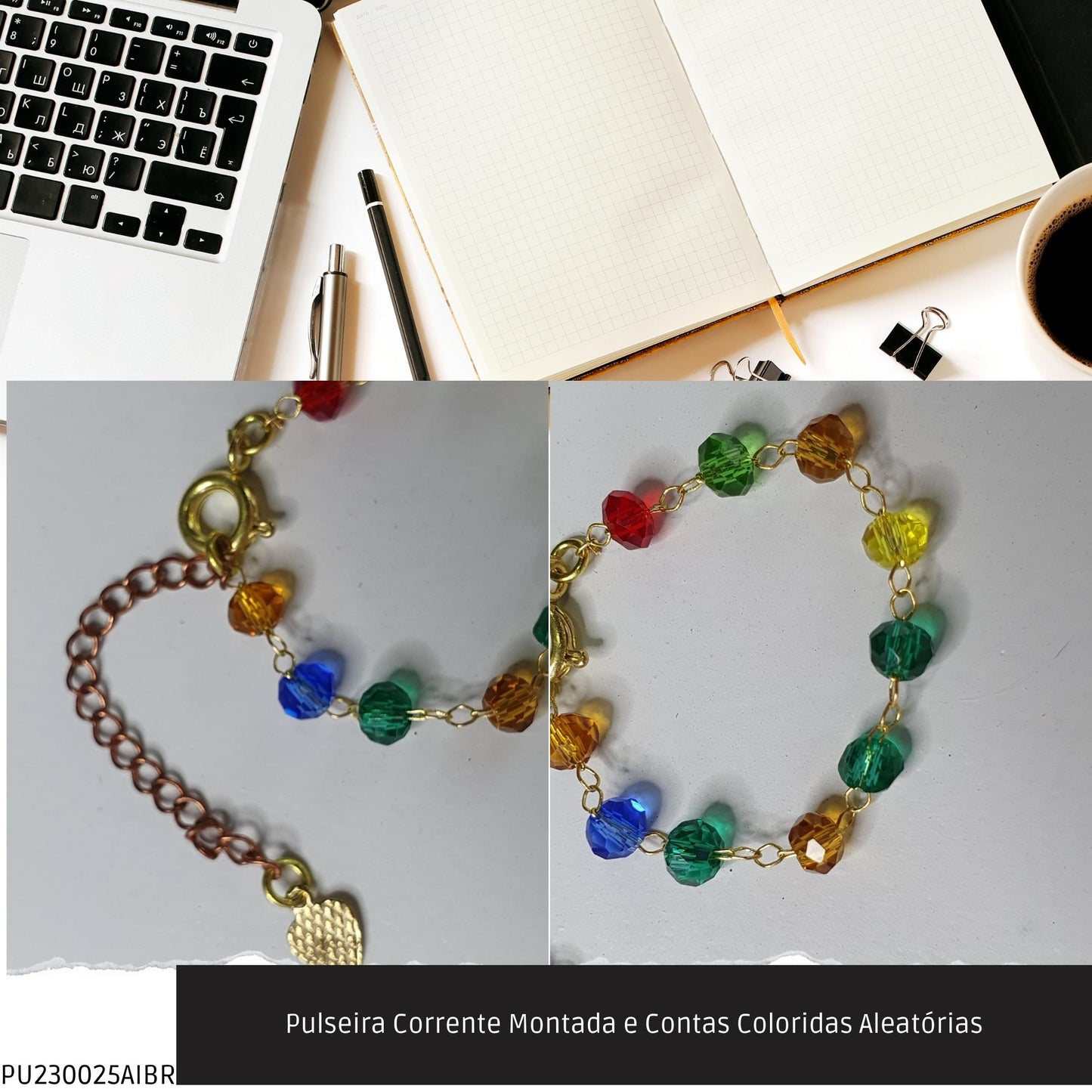 Pulseira Corrente Montada e Contas Coloridas Aleatórias  - Código.: PU230025AIBR  - Peso.: 1.4 gr