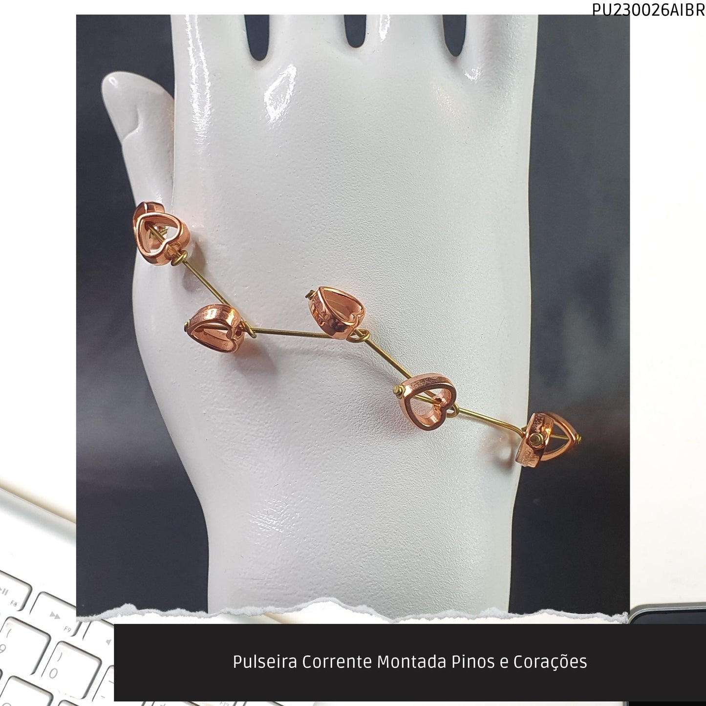Pulseira Corrente Montada Pinos e Corações  - Código.: PU230026AIBR  - Peso.: 3.4 gr