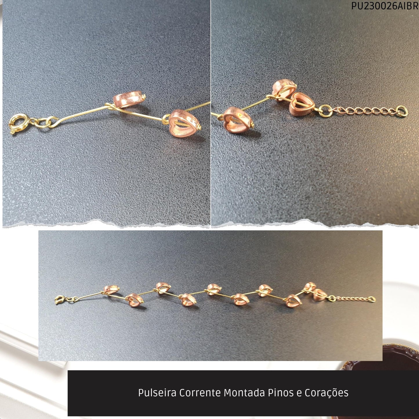 Pulseira Corrente Montada Pinos e Corações  - Código.: PU230026AIBR  - Peso.: 3.4 gr
