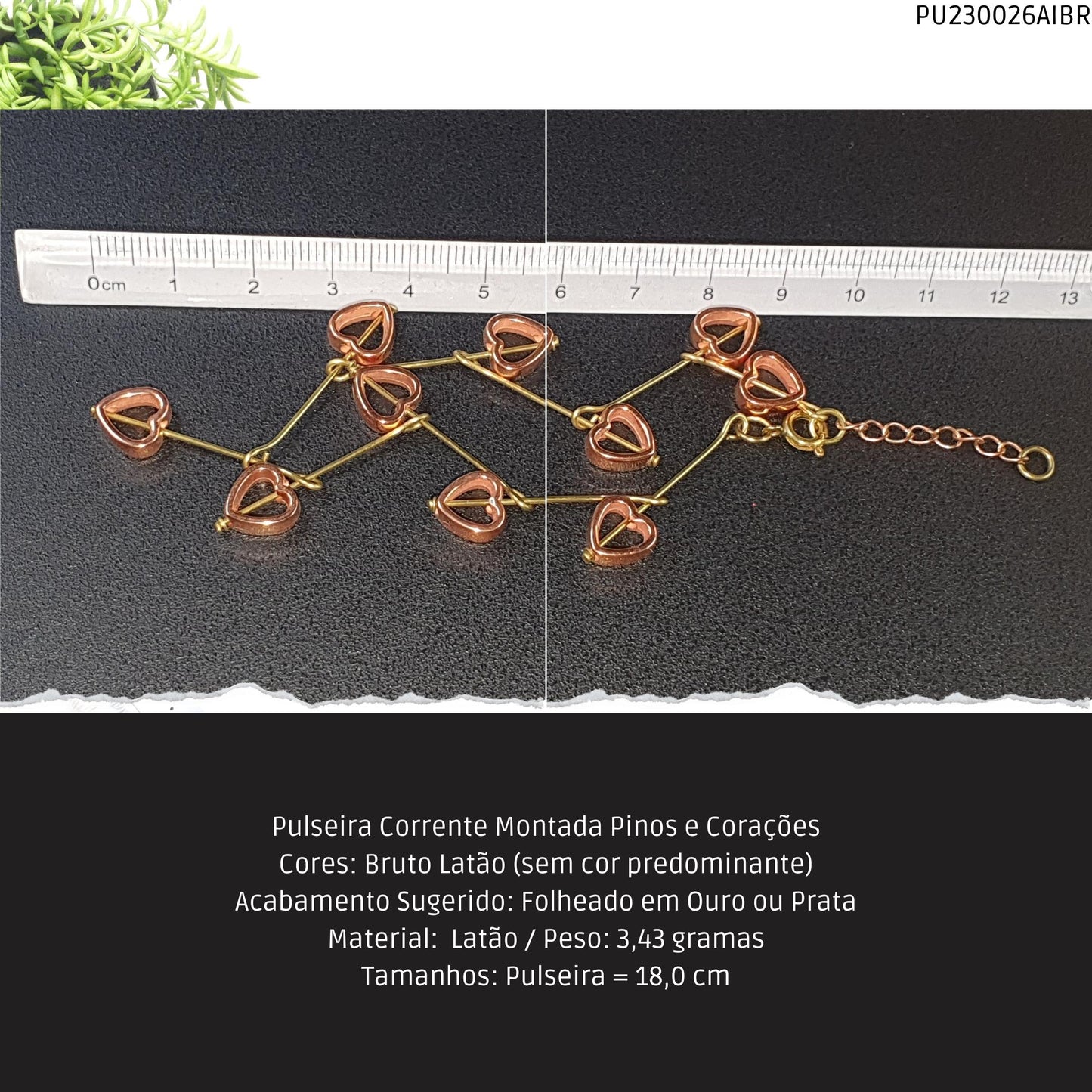 Pulseira Corrente Montada Pinos e Corações  - Código.: PU230026AIBR  - Peso.: 3.4 gr