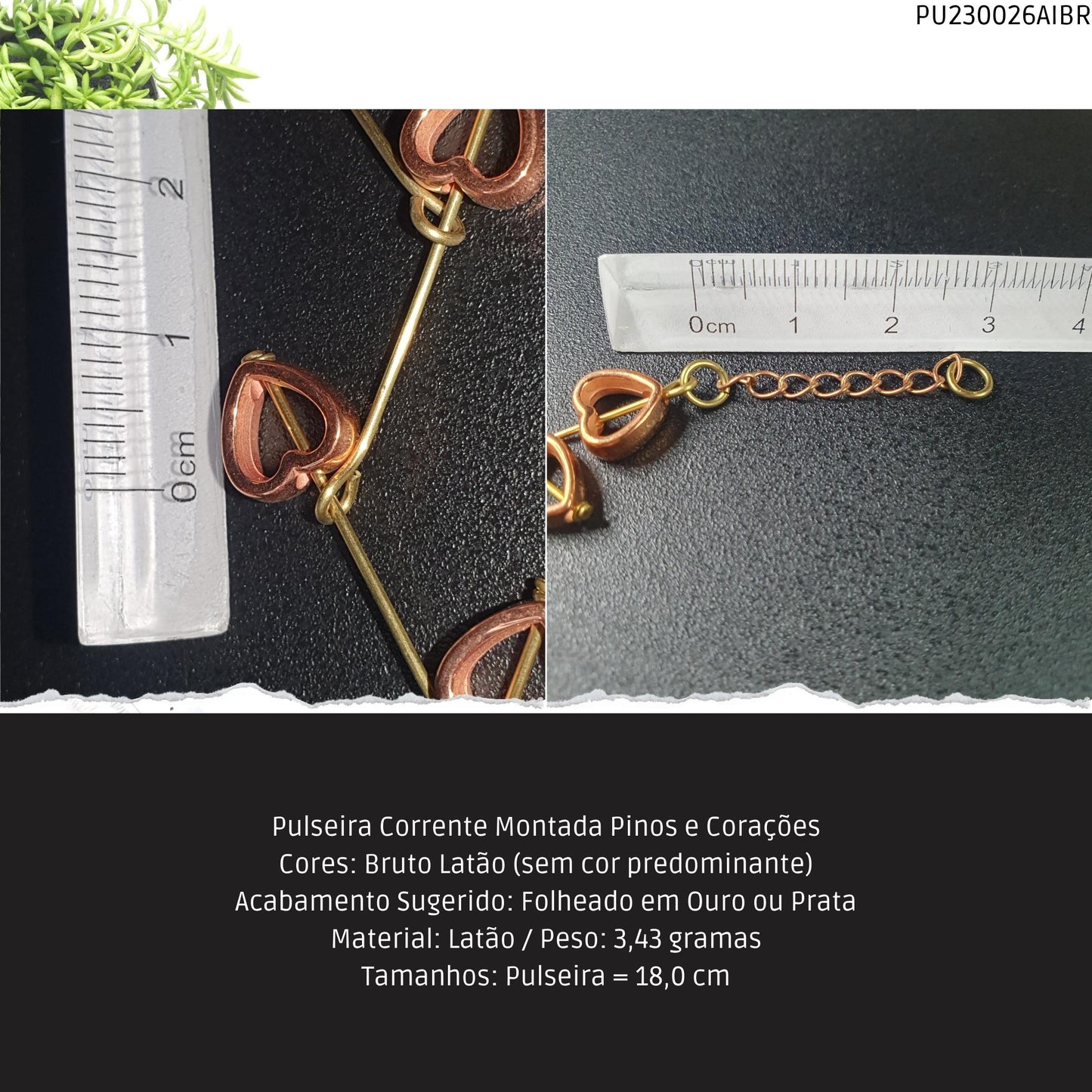 Pulseira Corrente Montada Pinos e Corações  - Código.: PU230026AIBR  - Peso.: 3.4 gr
