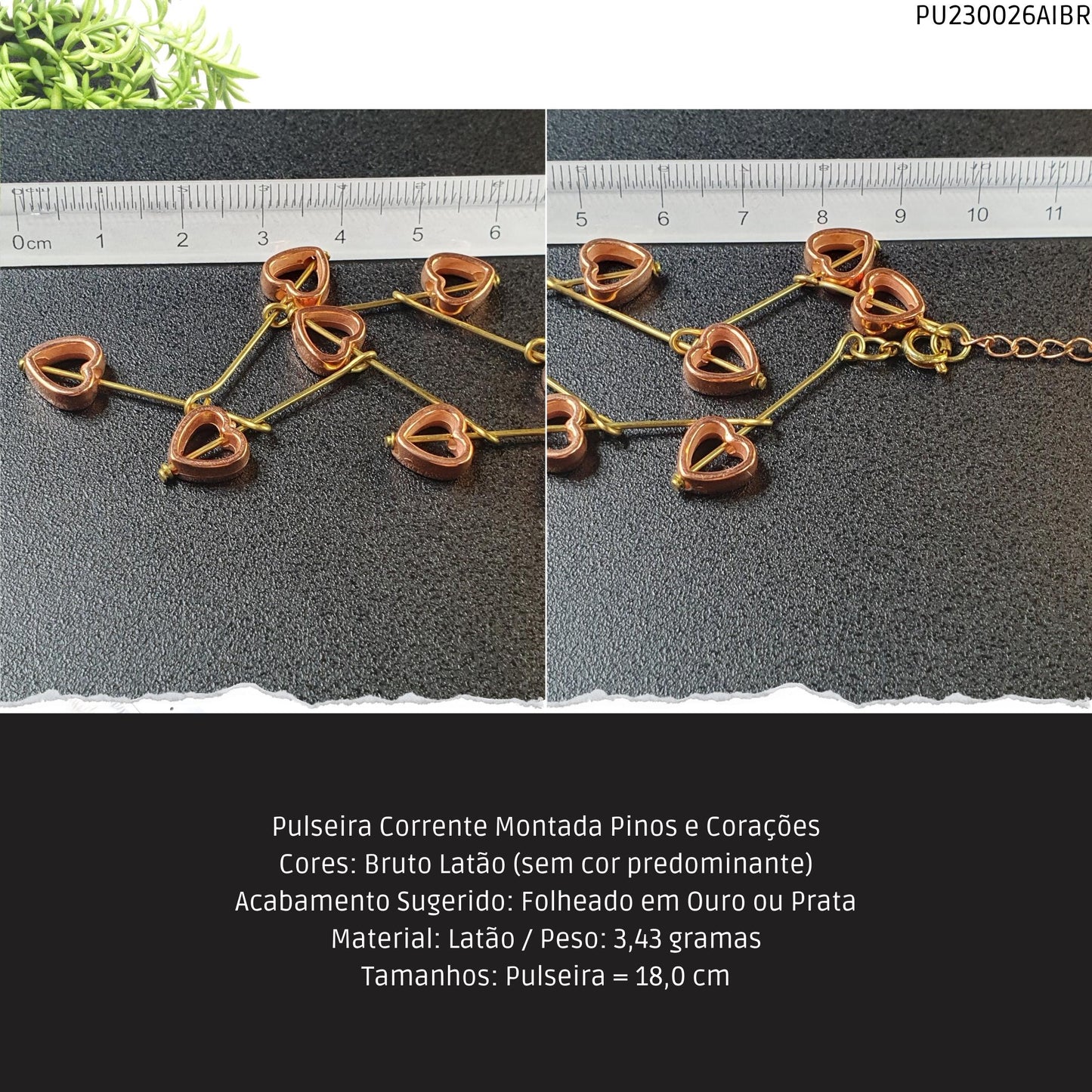 Pulseira Corrente Montada Pinos e Corações  - Código.: PU230026AIBR  - Peso.: 3.4 gr