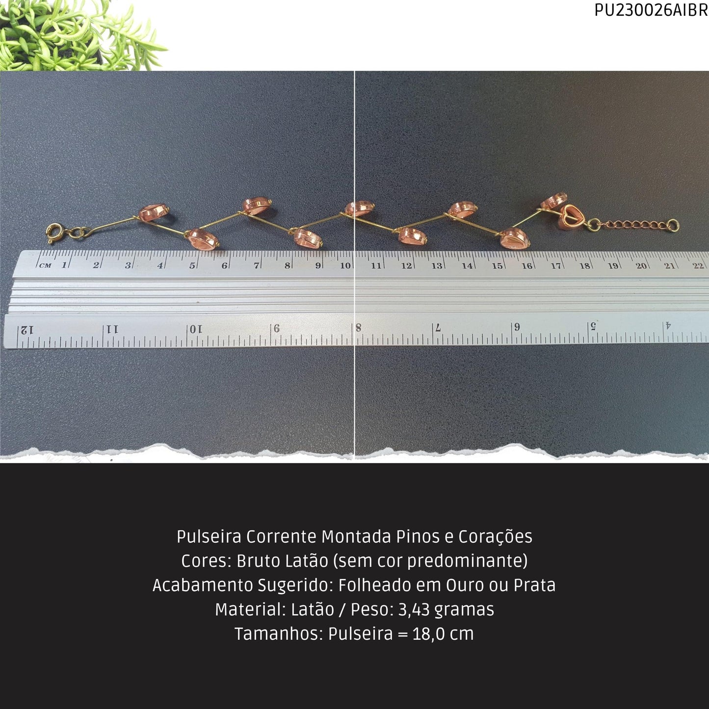 Pulseira Corrente Montada Pinos e Corações  - Código.: PU230026AIBR  - Peso.: 3.4 gr