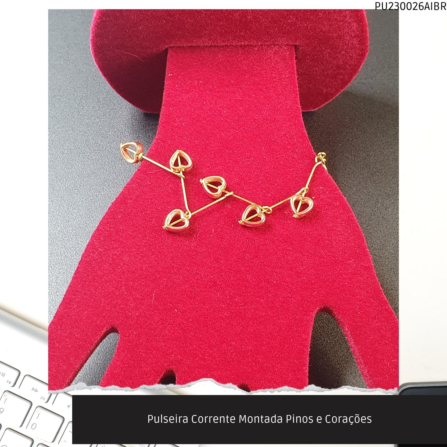 Pulseira Corrente Montada Pinos e Corações  - Código.: PU230026AIBR  - Peso.: 3.4 gr