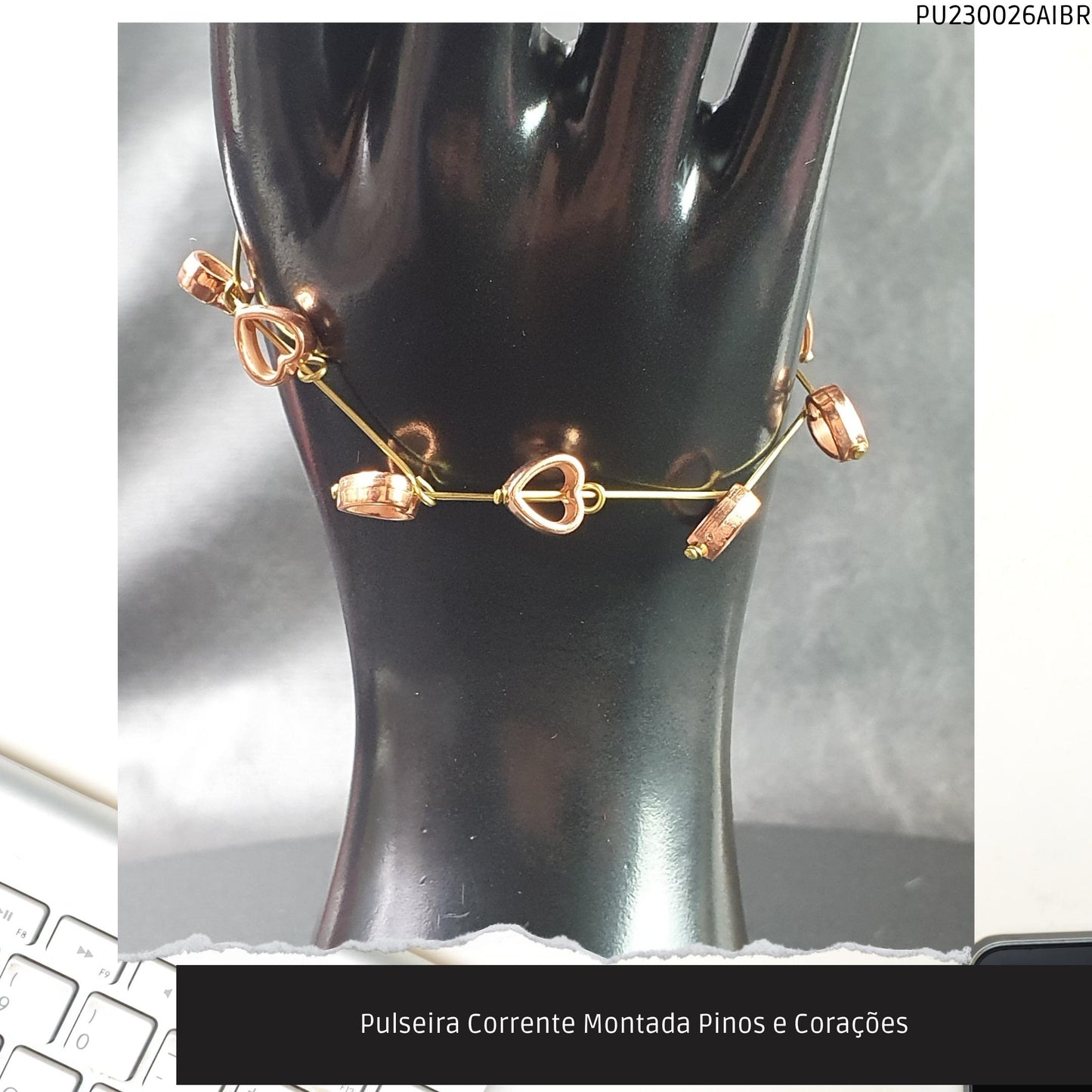 Pulseira Corrente Montada Pinos e Corações  - Código.: PU230026AIBR  - Peso.: 3.4 gr