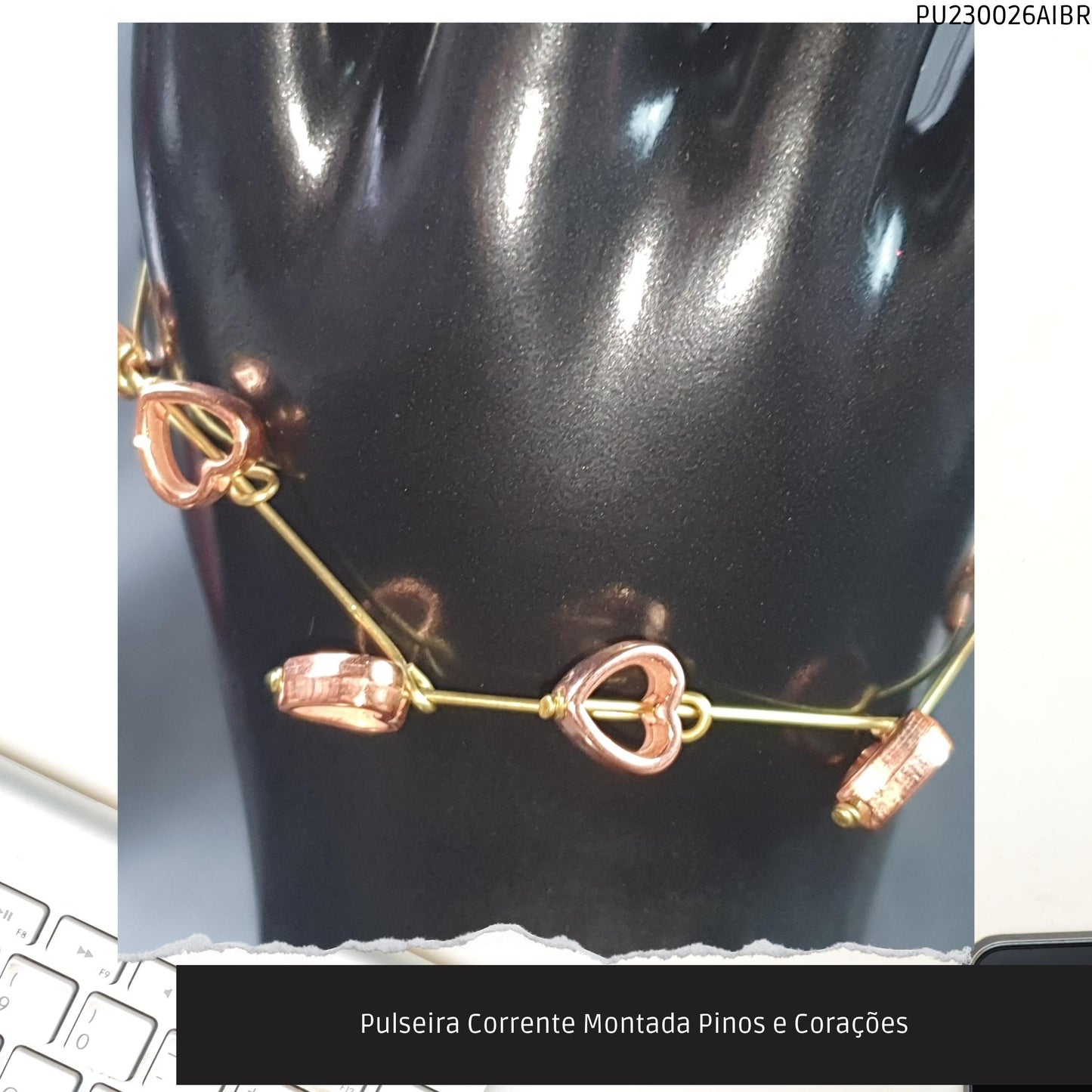 Pulseira Corrente Montada Pinos e Corações  - Código.: PU230026AIBR  - Peso.: 3.4 gr