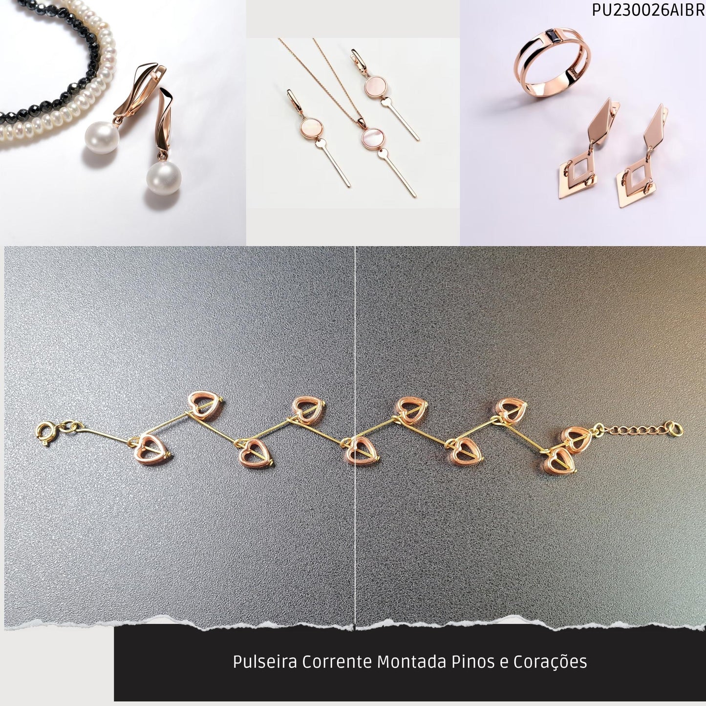 Pulseira Corrente Montada Pinos e Corações  - Código.: PU230026AIBR  - Peso.: 3.4 gr