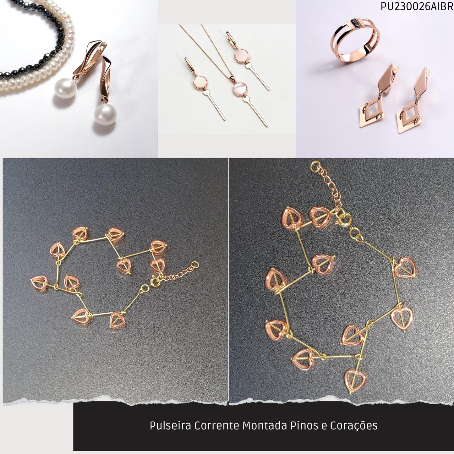 Pulseira Corrente Montada Pinos e Corações  - Código.: PU230026AIBR  - Peso.: 3.4 gr