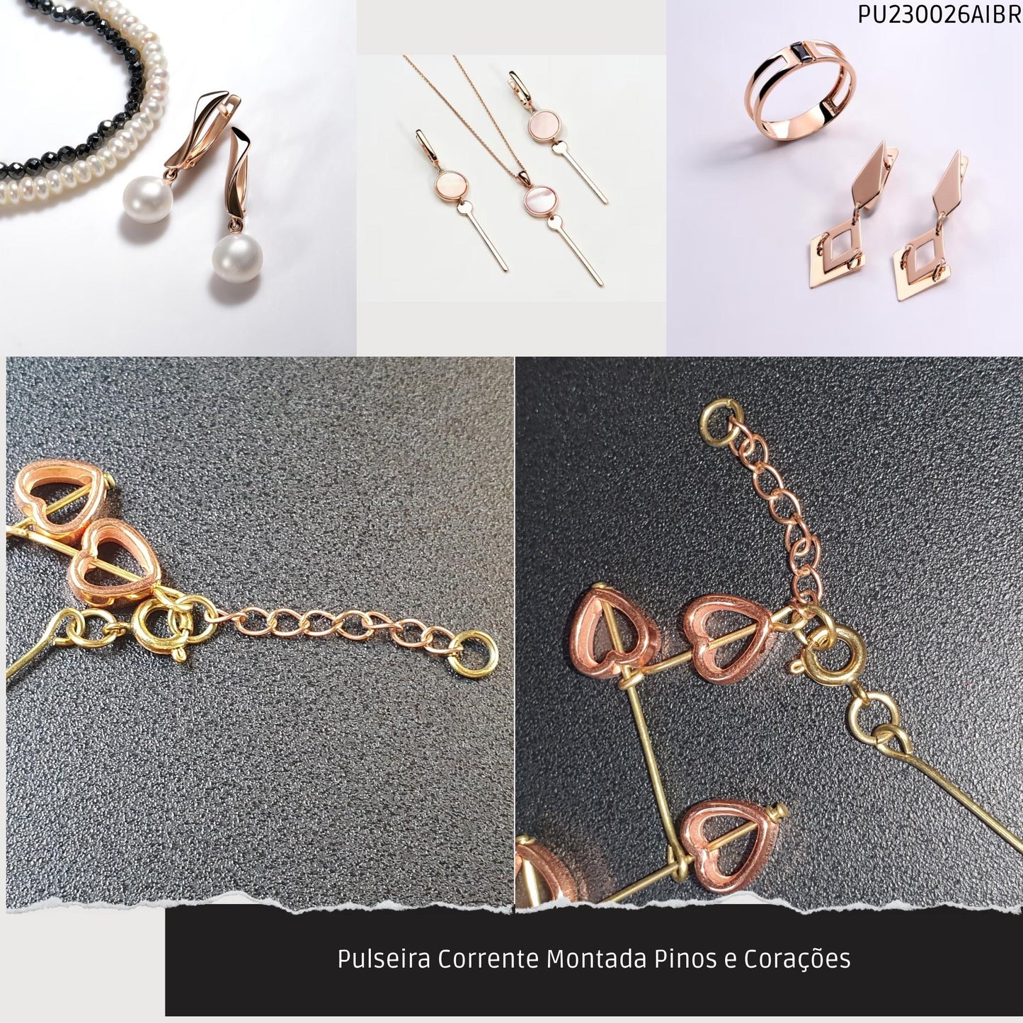 Pulseira Corrente Montada Pinos e Corações  - Código.: PU230026AIBR  - Peso.: 3.4 gr