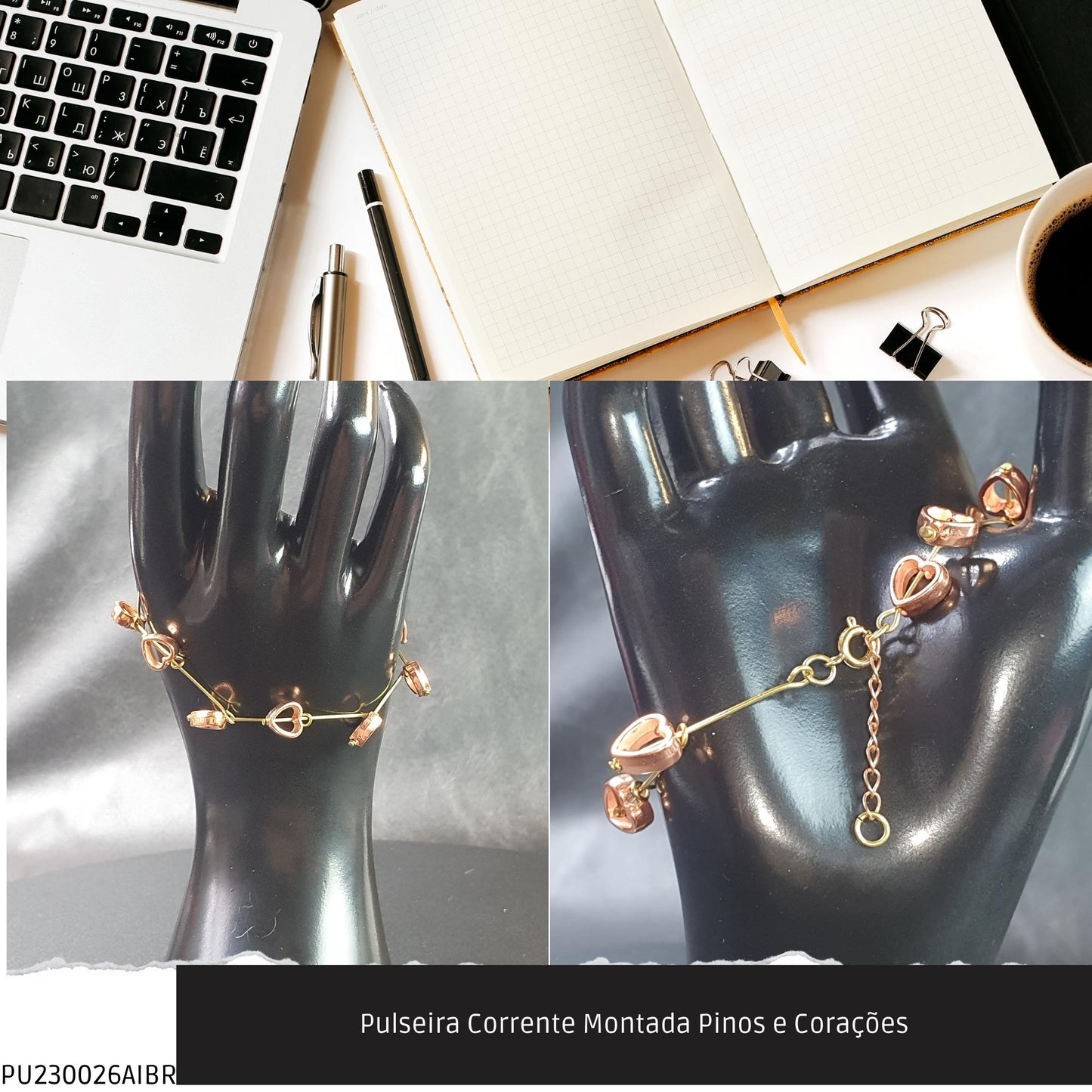 Pulseira Corrente Montada Pinos e Corações  - Código.: PU230026AIBR  - Peso.: 3.4 gr
