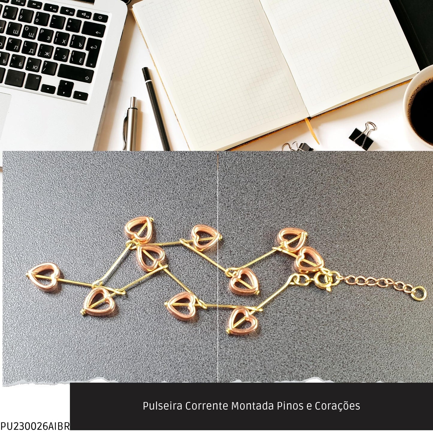 Pulseira Corrente Montada Pinos e Corações  - Código.: PU230026AIBR  - Peso.: 3.4 gr