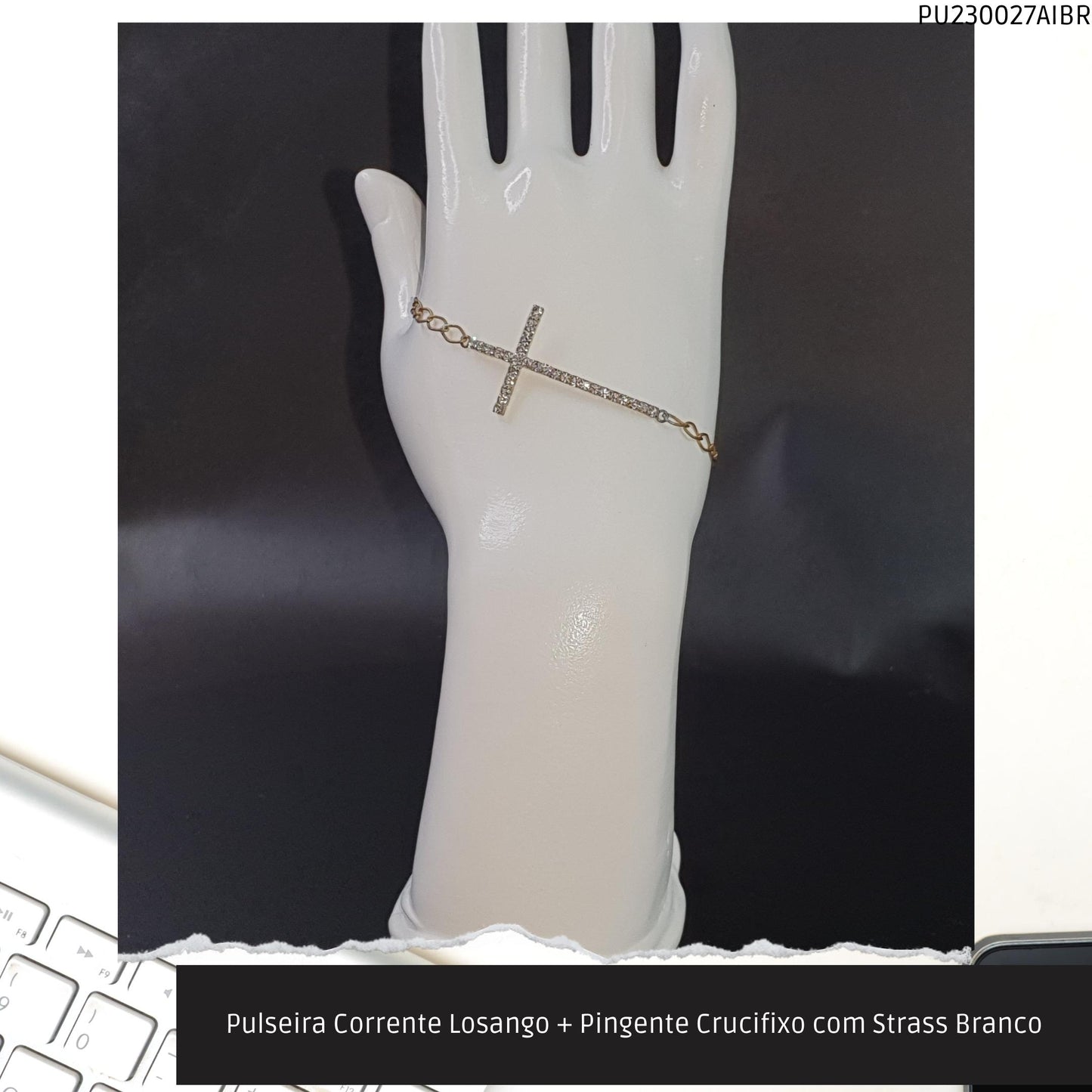 Pulseira Corrente Losango + Pingente Crucifixo com Strass Branco  - Código.: PU230027AIBR  - Peso.: 3.1 gr