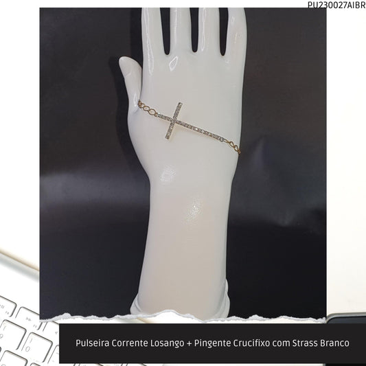 Pulseira Corrente Losango + Pingente Crucifixo com Strass Branco  - Código.: PU230027AIBR  - Peso.: 3.1 gr