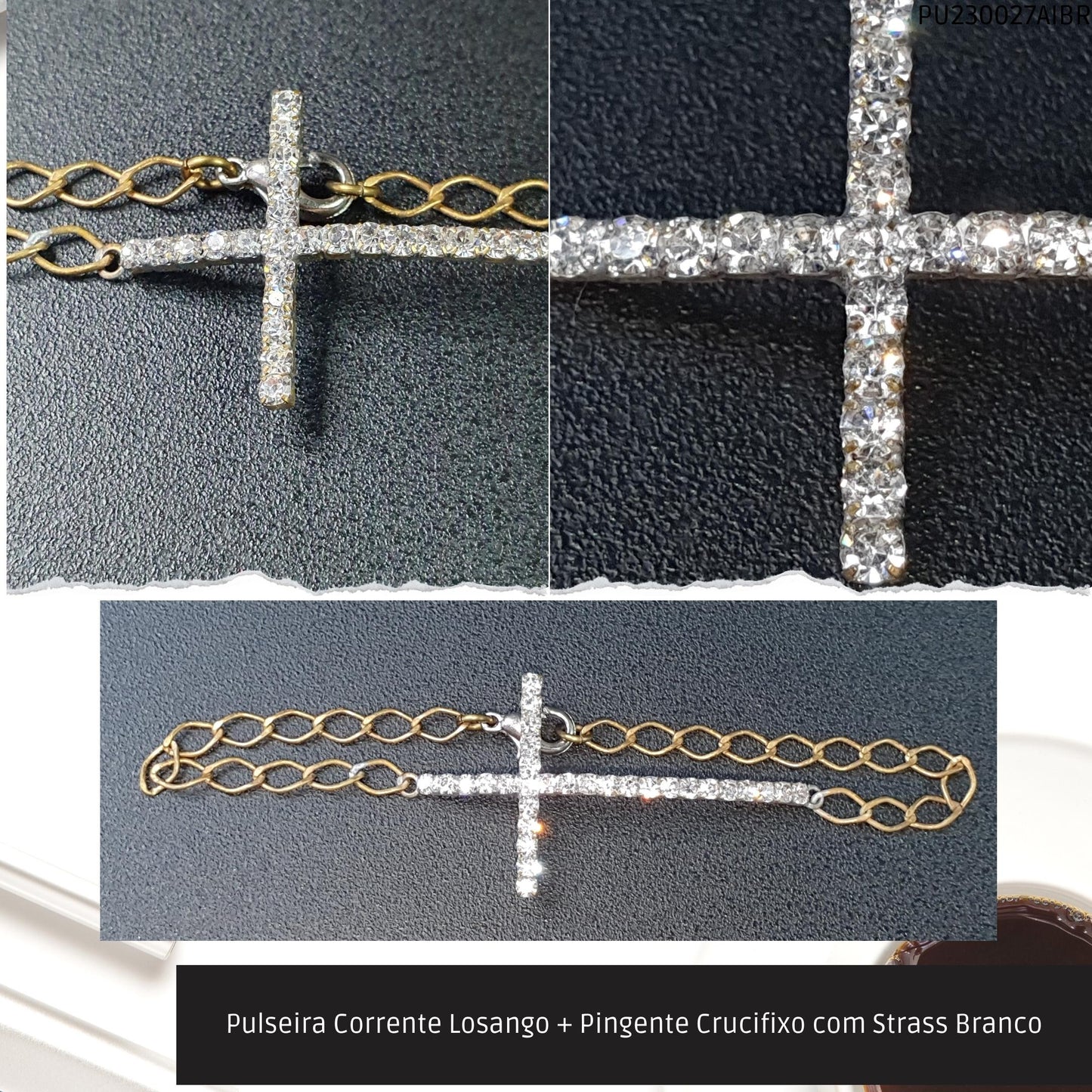 Pulseira Corrente Losango + Pingente Crucifixo com Strass Branco  - Código.: PU230027AIBR  - Peso.: 3.1 gr