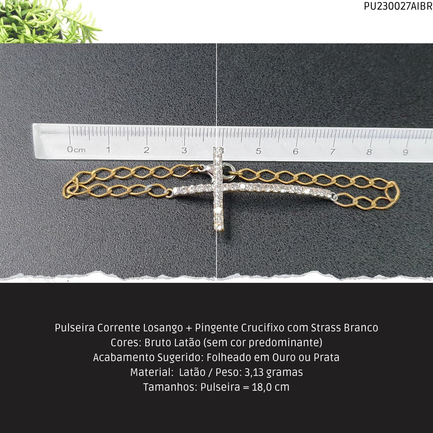 Pulseira Corrente Losango + Pingente Crucifixo com Strass Branco  - Código.: PU230027AIBR  - Peso.: 3.1 gr