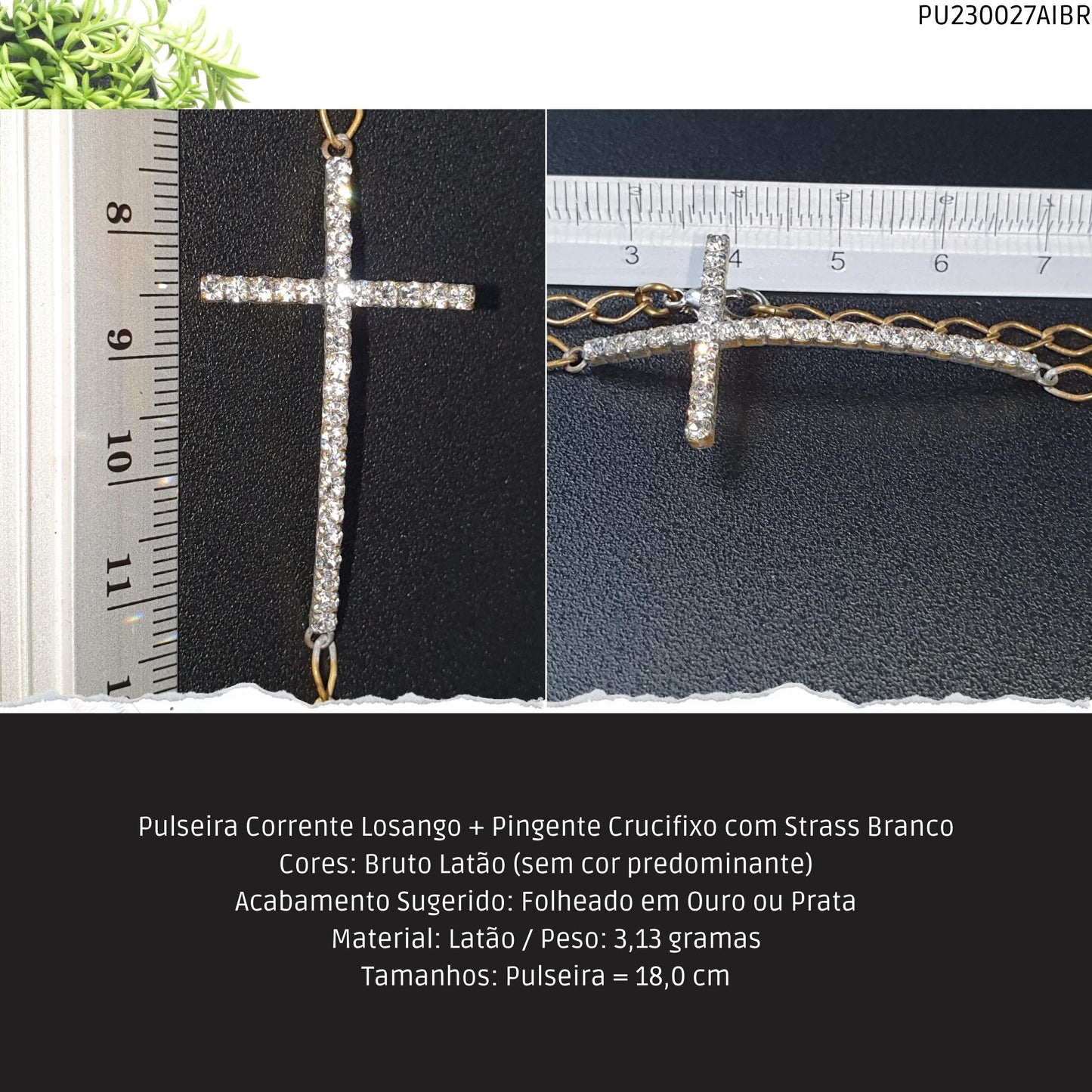 Pulseira Corrente Losango + Pingente Crucifixo com Strass Branco  - Código.: PU230027AIBR  - Peso.: 3.1 gr